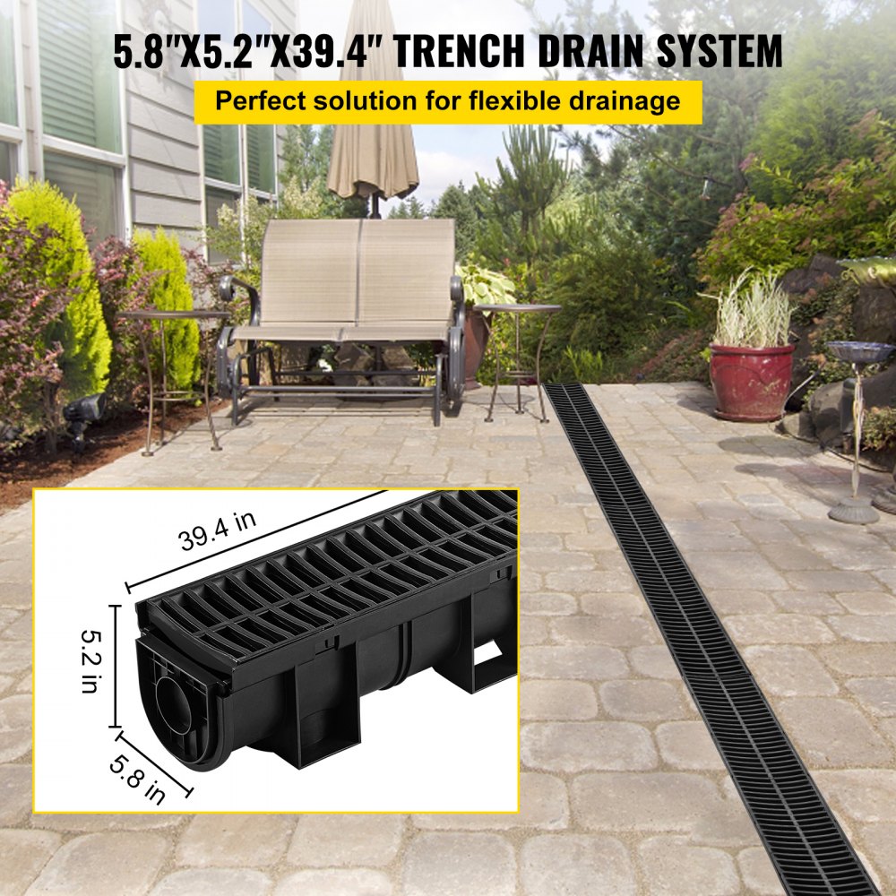 VEVOR Gutter Kit, 3-Pack Drainage Channel, HDPE Plastic Grating Trench Drainage System 15x13x100cm, with 3 End Caps, Plug-in Connection, for Garden Drain, Driveway, Pool, Sidewalk