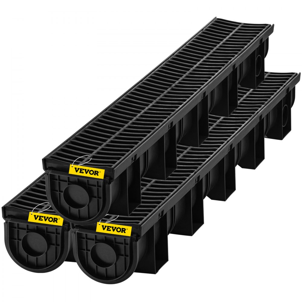 VEVOR Gutter Kit, 3-Pack Drainage Channel, HDPE Plastic Grating Trench Drainage System 15x13x100cm, with 3 End Caps, Plug-in Connection, for Garden Drain, Driveway, Pool, Sidewalk