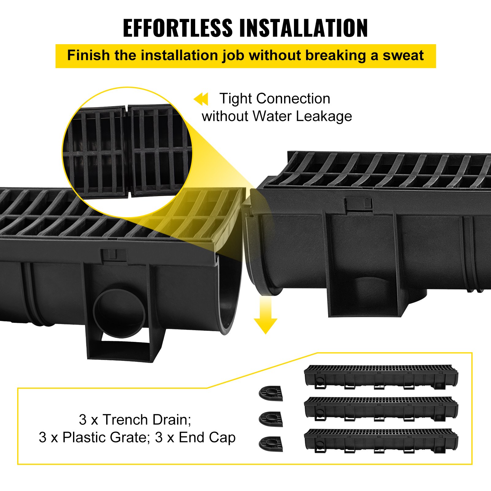 VEVOR Gutter Kit, 3-Pack Drainage Channel, HDPE Plastic Grating Trench Drainage System 15x13x100cm, with 3 End Caps, Plug-in Connection, for Garden Drain, Driveway, Pool, Sidewalk