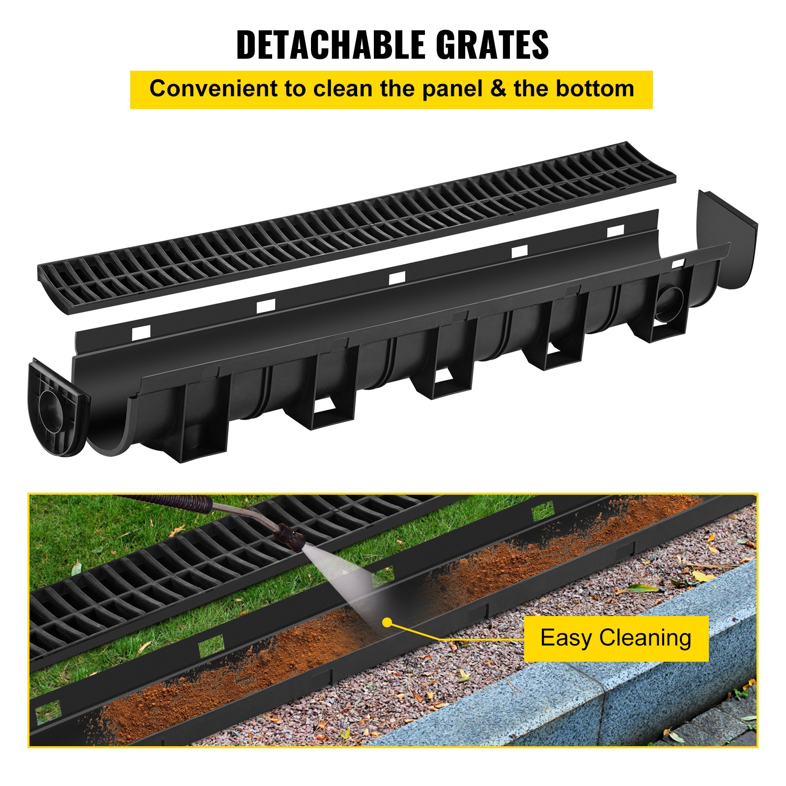 VEVOR Gutter Kit, 3-Pack Drainage Channel, HDPE Plastic Grating Trench Drainage System 15x13x100cm, with 3 End Caps, Plug-in Connection, for Garden Drain, Driveway, Pool, Sidewalk