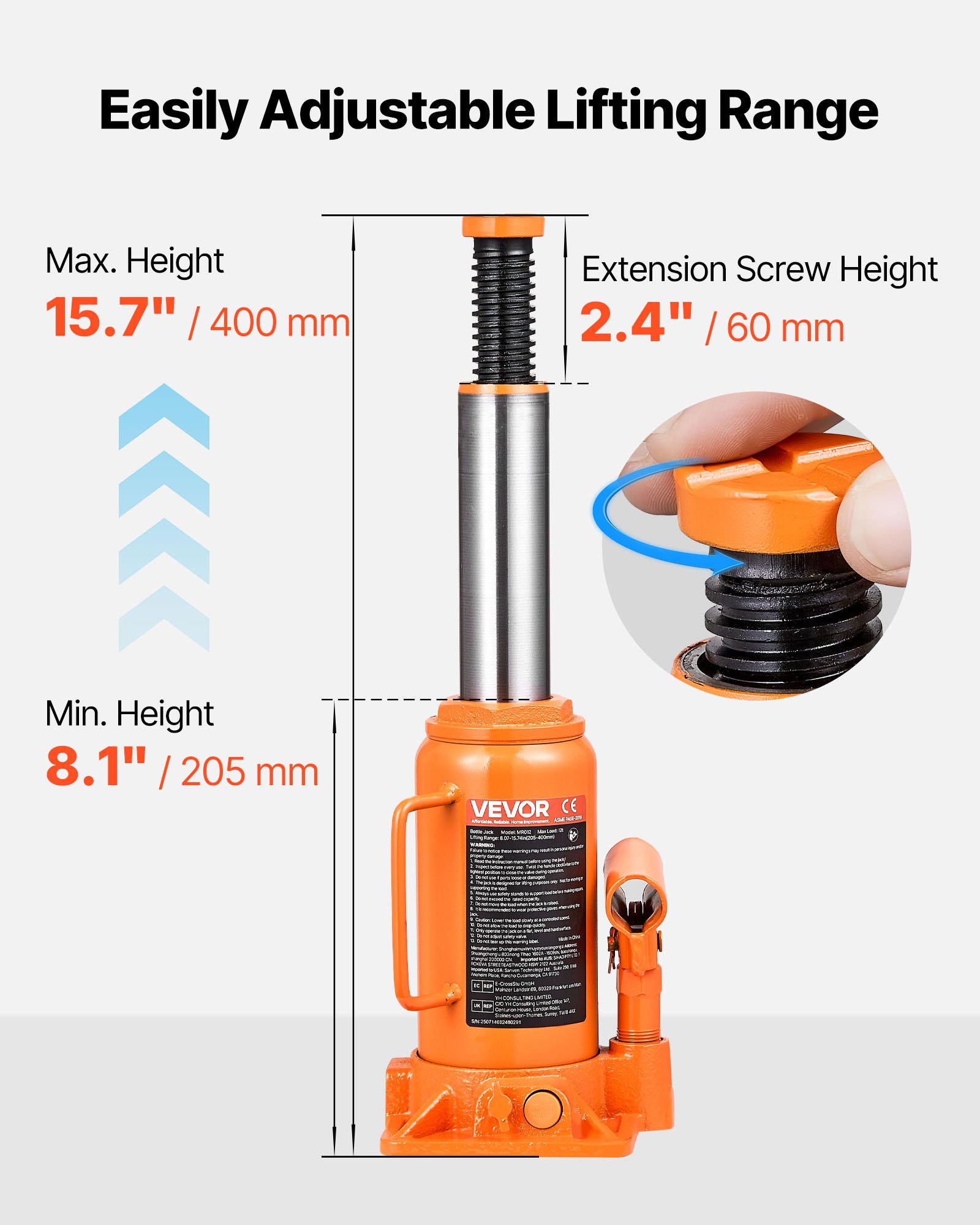VEVOR Hydraulic Bottle Jack, 12 Ton (26455.5 lbs) Capacity, 8.1-15.7 Inch Lifting Range, Heavy Duty Welded Bottle Jack for Car, SUV, Pickup, Auto Repair, House Lift and Agricultural Equipment, Orange
