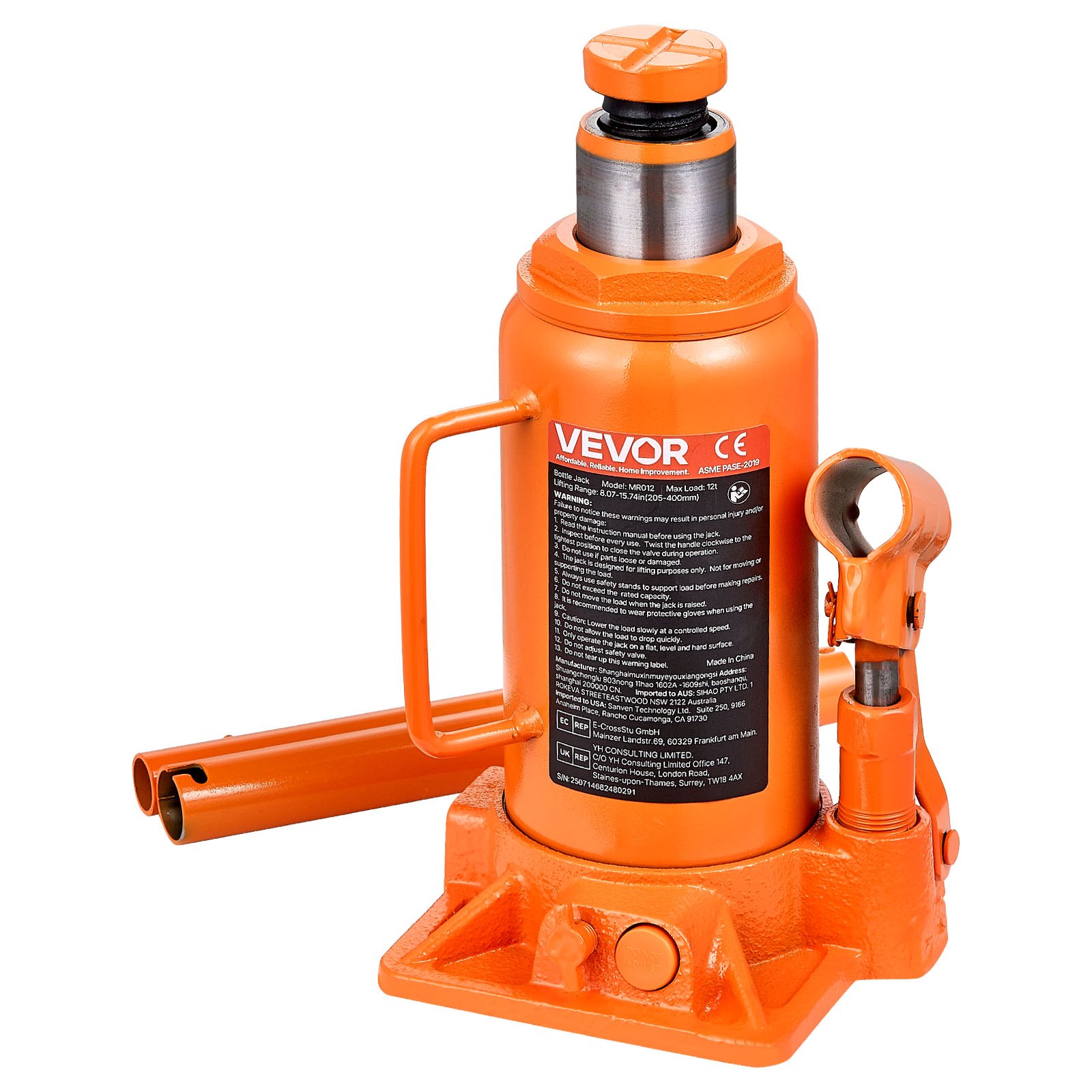 VEVOR hydraulische krik 12 ton, hefbereik 205-400 mm, robuuste krik voor auto's, SUV's, pick-ups, autoreparaties, huisliften en landbouwmachines, oranje