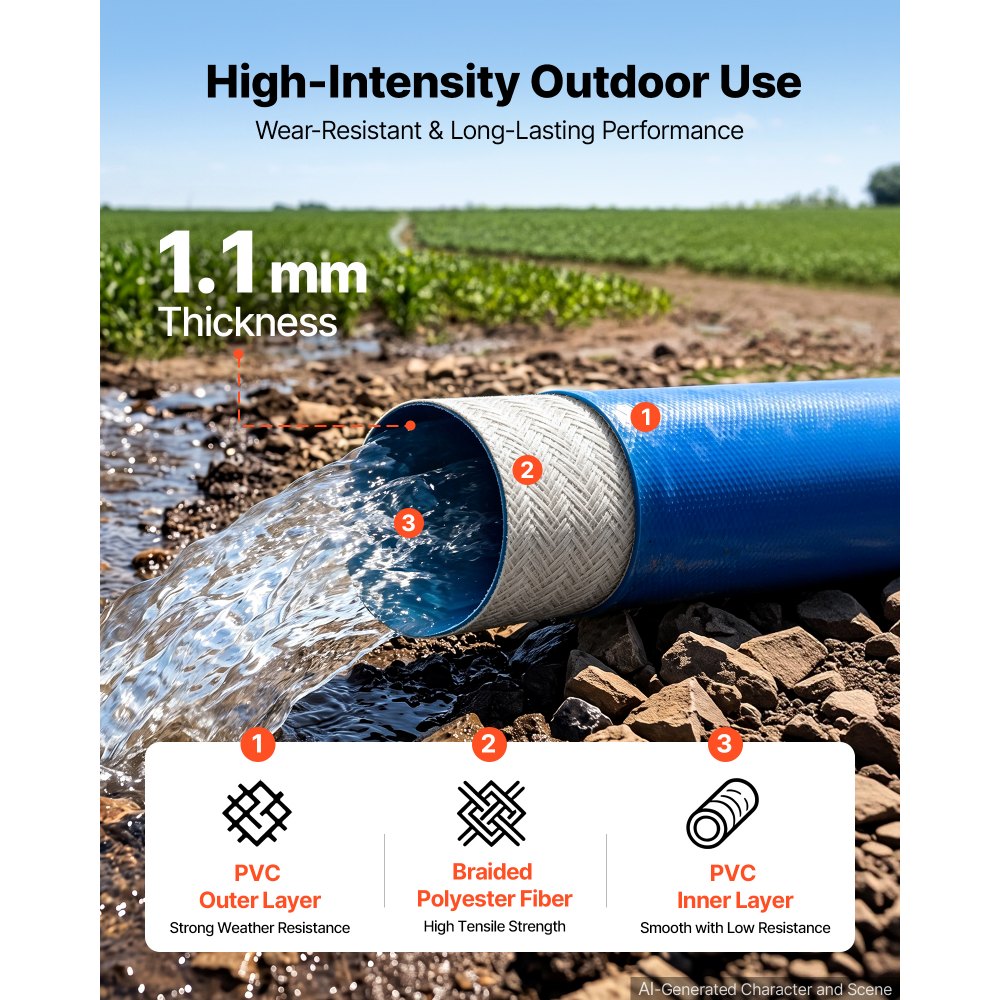 VEVOR Terugspoelslang 1,5 inch 15,2 m PVC platte afvoerslang voor zwembadafvoer en irrigatie met 90 psi, aansluitmogelijkheden zonder voorgemonteerde koppelingen voor diverse pompsystemen