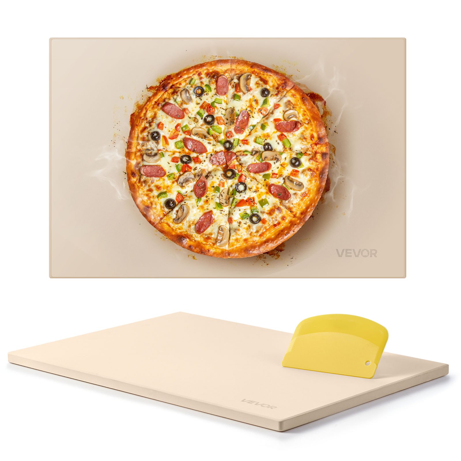 VEVOR Pizzasteen Baksteen 508 x 355 mm, rechthoekige cordieriet pizzasteen, extra grote steenplaat met schraper, 17 mm dik, hittebestendig, geschikt voor keukenovens, broodbakken, pizzabakken en grillen