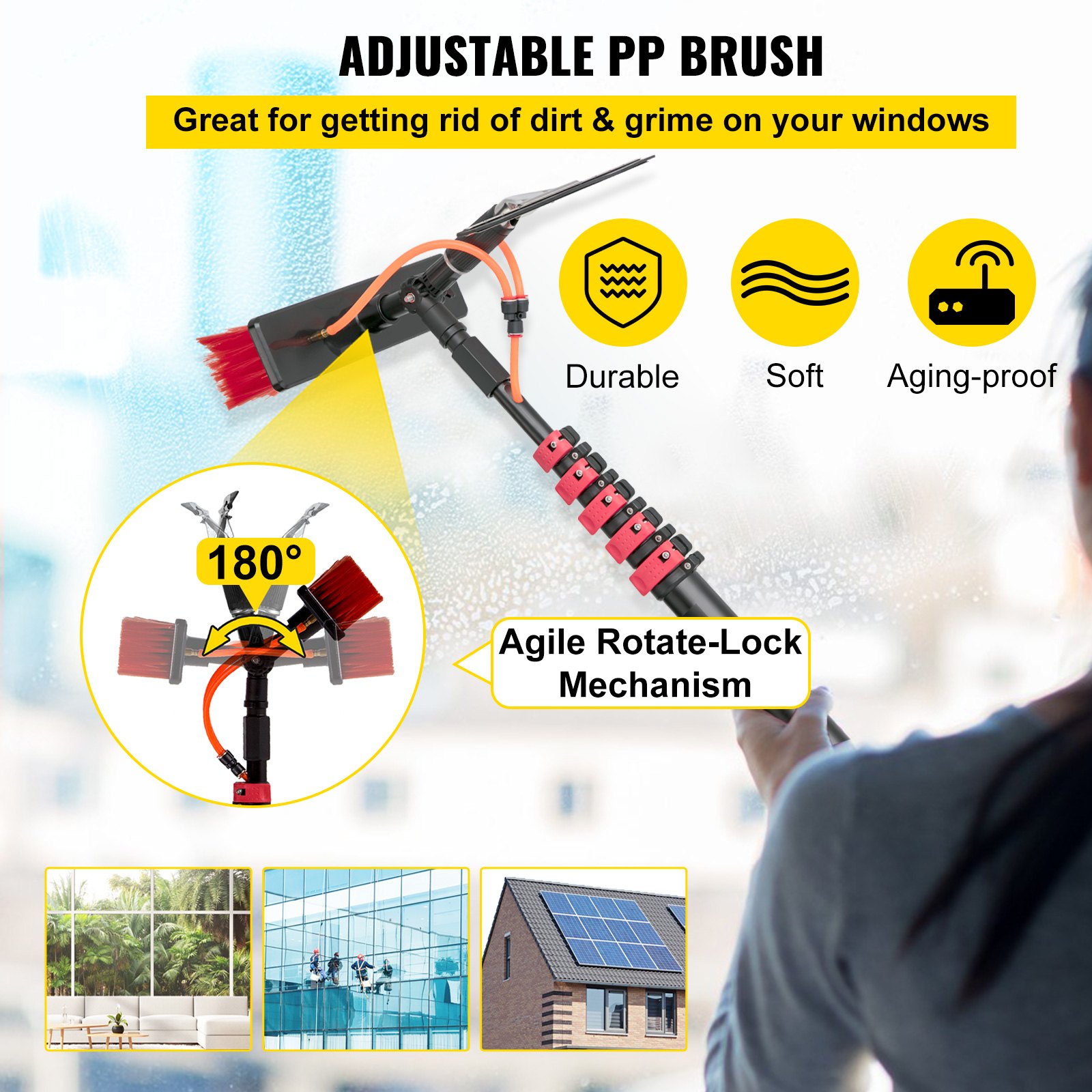 VEVOR Water Fed Pole Kit, 24ft Length Water Fed Brush with Squeegee, 7.2m Water Fed Cleaning System, 3-in-1 Aluminum Outdoor Window Cleaner with 26' Hose, Cleaning Tool for Window Glass, Solar Panel