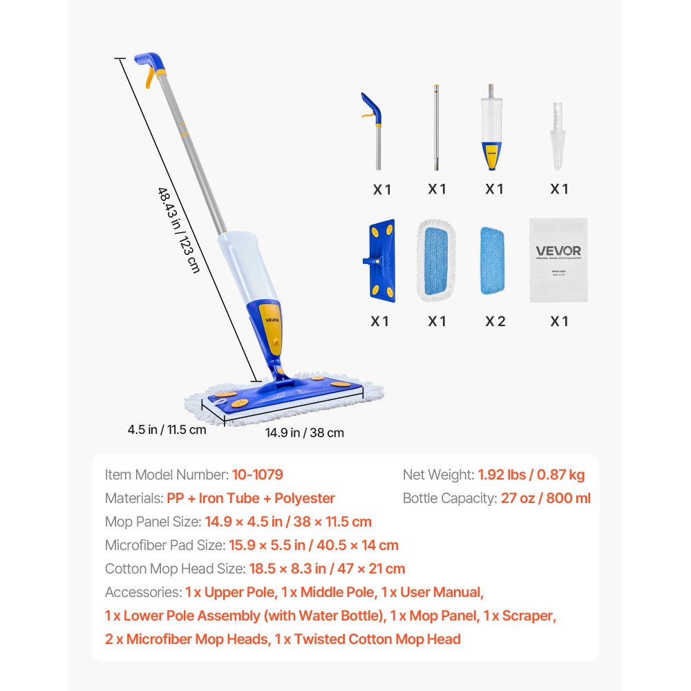 VEVOR Spray Mop vloermop met 3 herbruikbare, wasbare dweilpads, spraymop met navulbare watertank van 800 ml en sproeifunctie voor het reinigen van tegelvloeren, vinylvloeren en houten vloeren