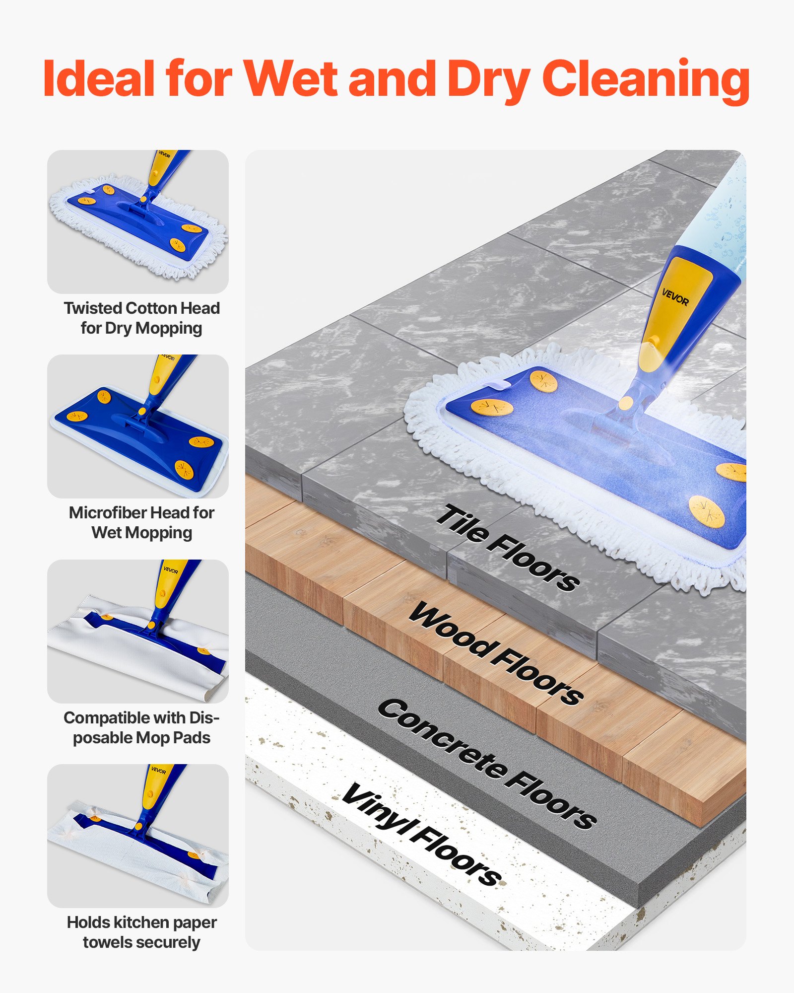 VEVOR Spray Mop vloermop met 3 herbruikbare, wasbare dweilpads, spraymop met navulbare watertank van 800 ml en sproeifunctie voor het reinigen van tegelvloeren, vinylvloeren en houten vloeren