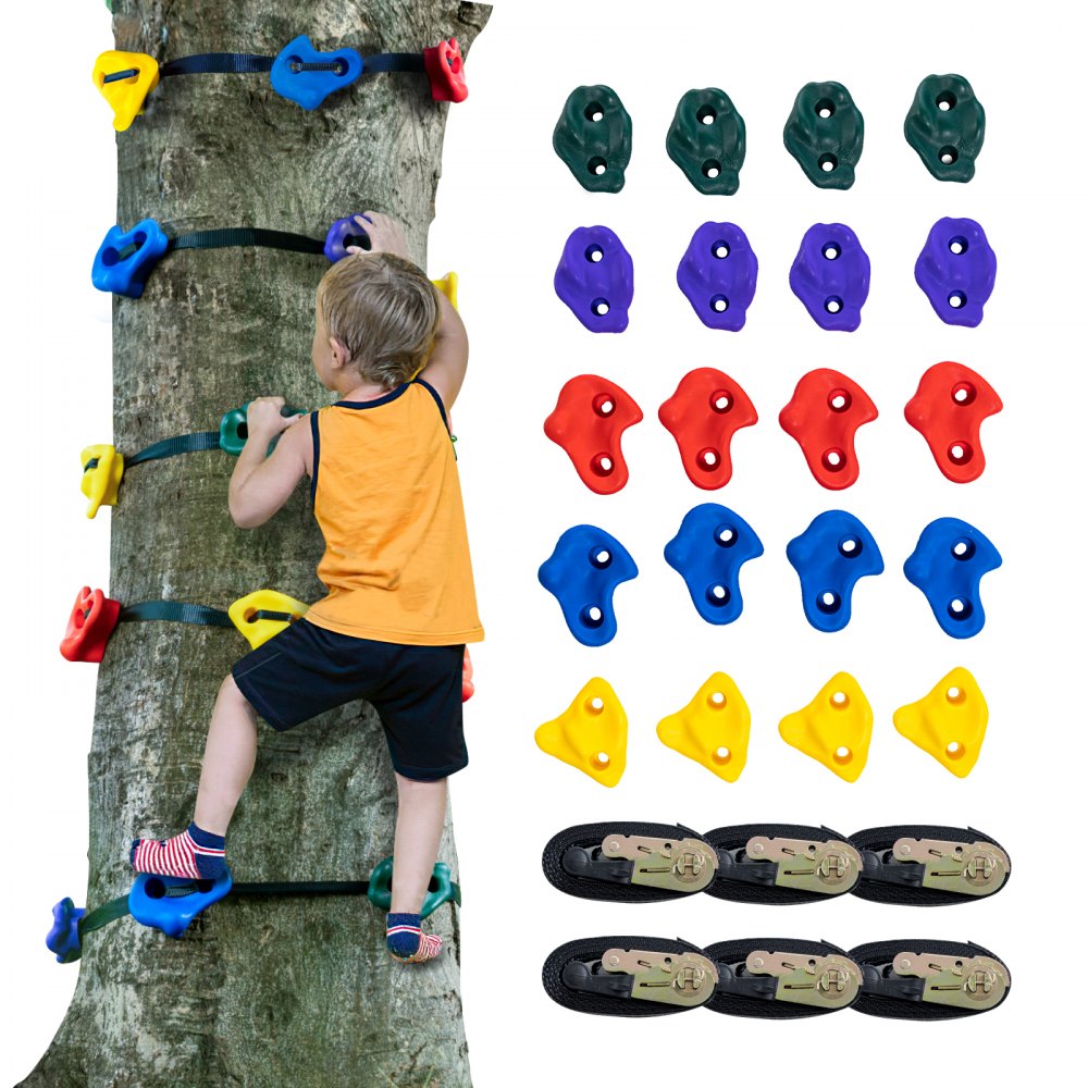 child climbing tree with colorful grips, showcasing VEVOR tree climbing kit and ratchet straps.