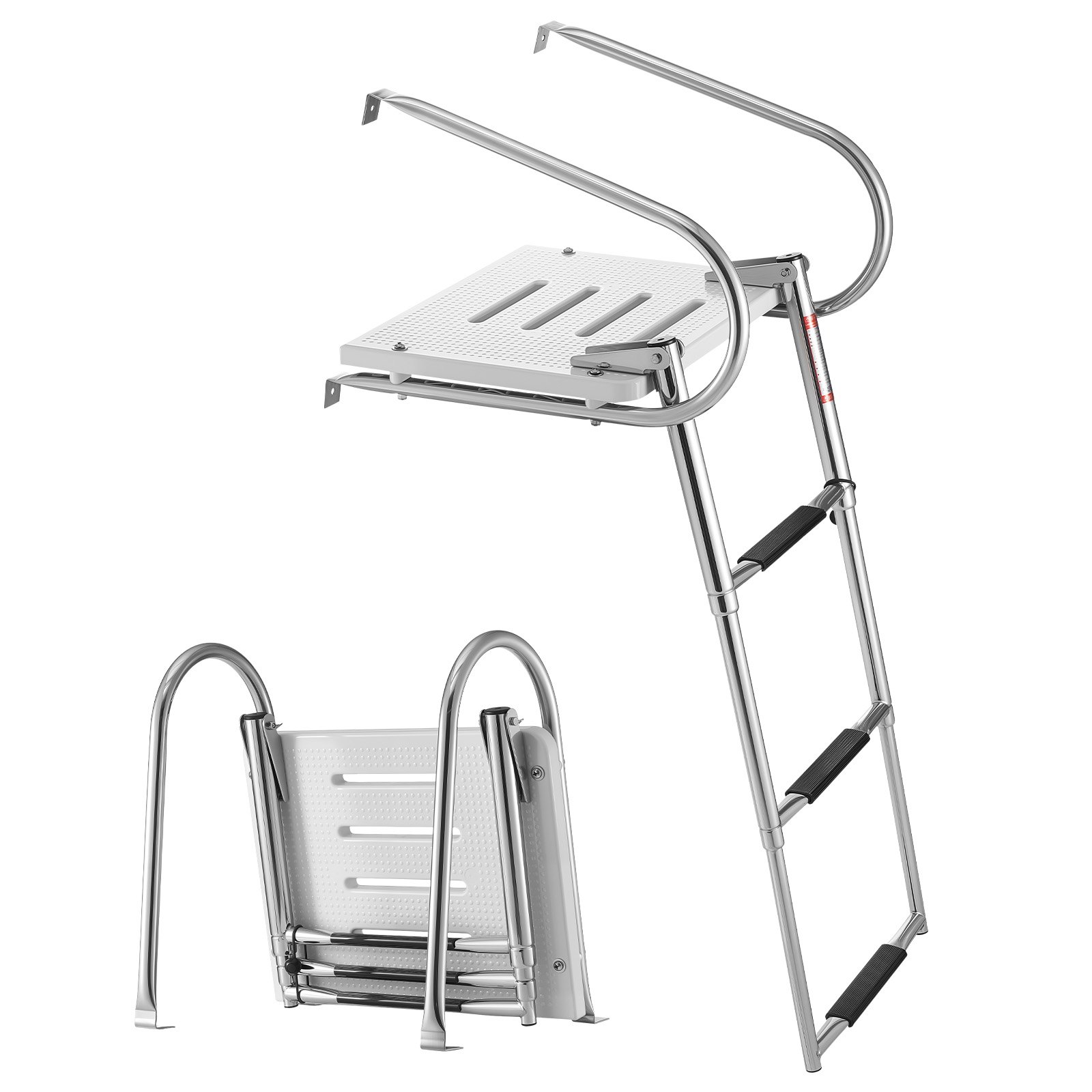 VEVOR Uitschuifbare bootladder, zwemtrap met 3 treden, antislip pedaal, leuning en platform, draagvermogen 181 kg, toegang vanaf de achterzijde, roestvrijstalen telescopische ladder voor boten, steigers en zwembaden