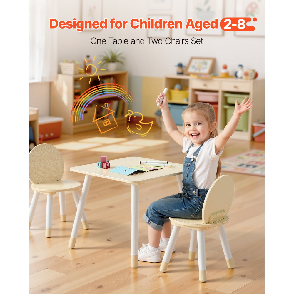 VEVOR Kids Table and 2 Chairs Set, Toddler Table and Chair Set with Rounded Edge Design & Graffiti Desktop, Wooden Desk for Art, Craft, Reading, Learning, Drawing, Classroom/Daycare/Home, Burlywood