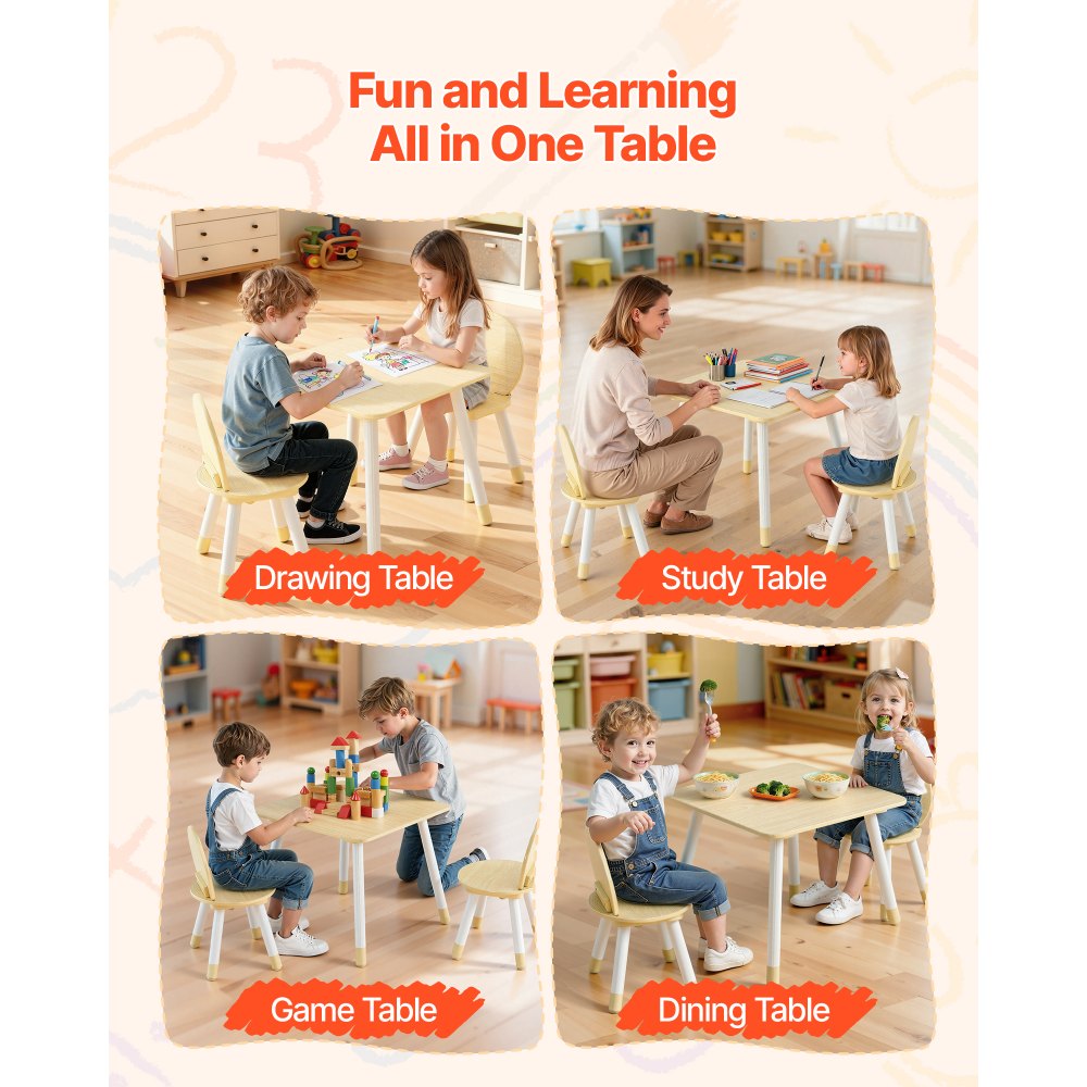 VEVOR Kids Table and 2 Chairs Set, Toddler Table and Chair Set with Rounded Edge Design & Graffiti Desktop, Wooden Desk for Art, Craft, Reading, Learning, Drawing, Classroom/Daycare/Home, Burlywood
