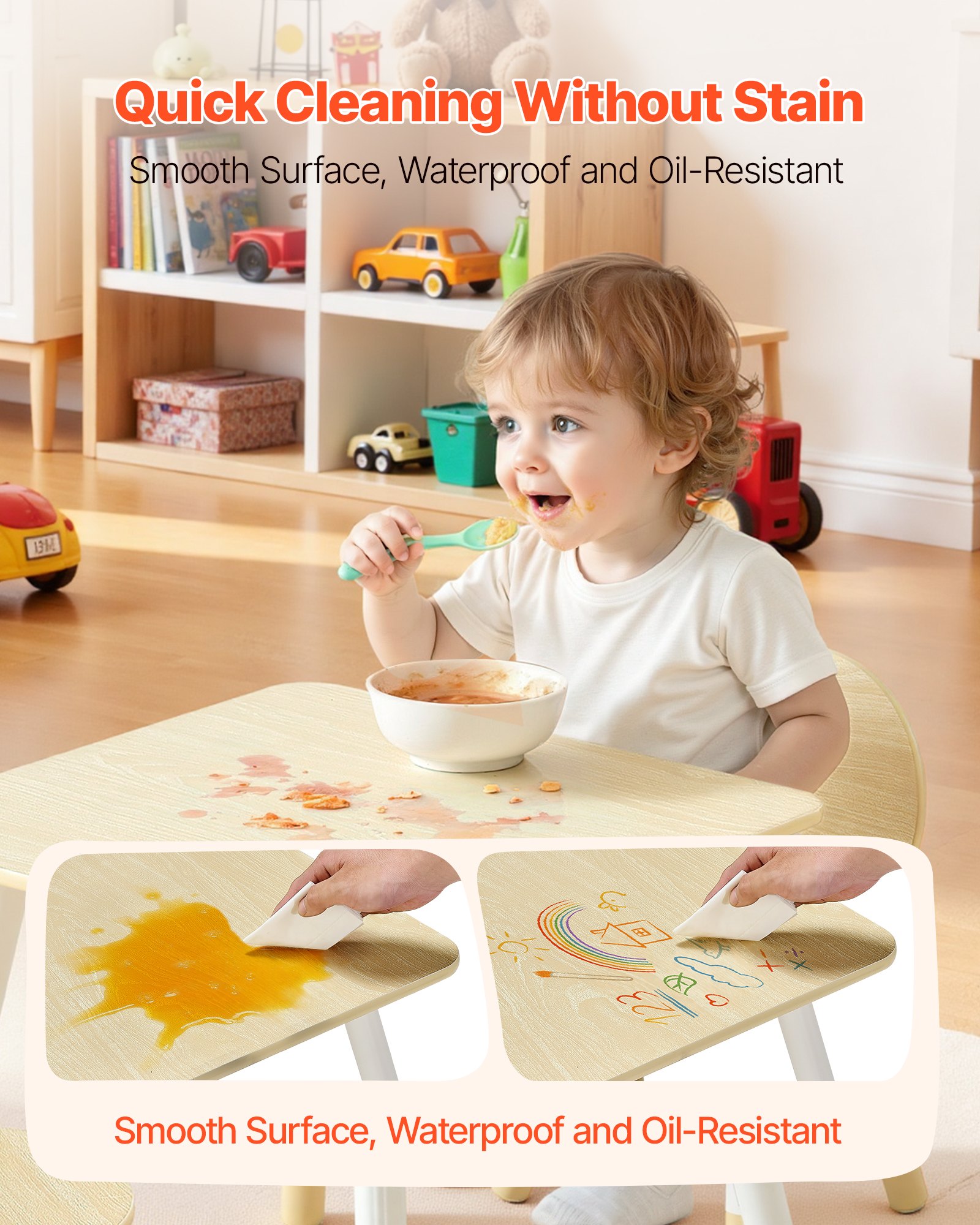 VEVOR Kids Table and 2 Chairs Set, Toddler Table and Chair Set with Rounded Edge Design & Graffiti Desktop, Wooden Desk for Art, Craft, Reading, Learning, Drawing, Classroom/Daycare/Home, Burlywood