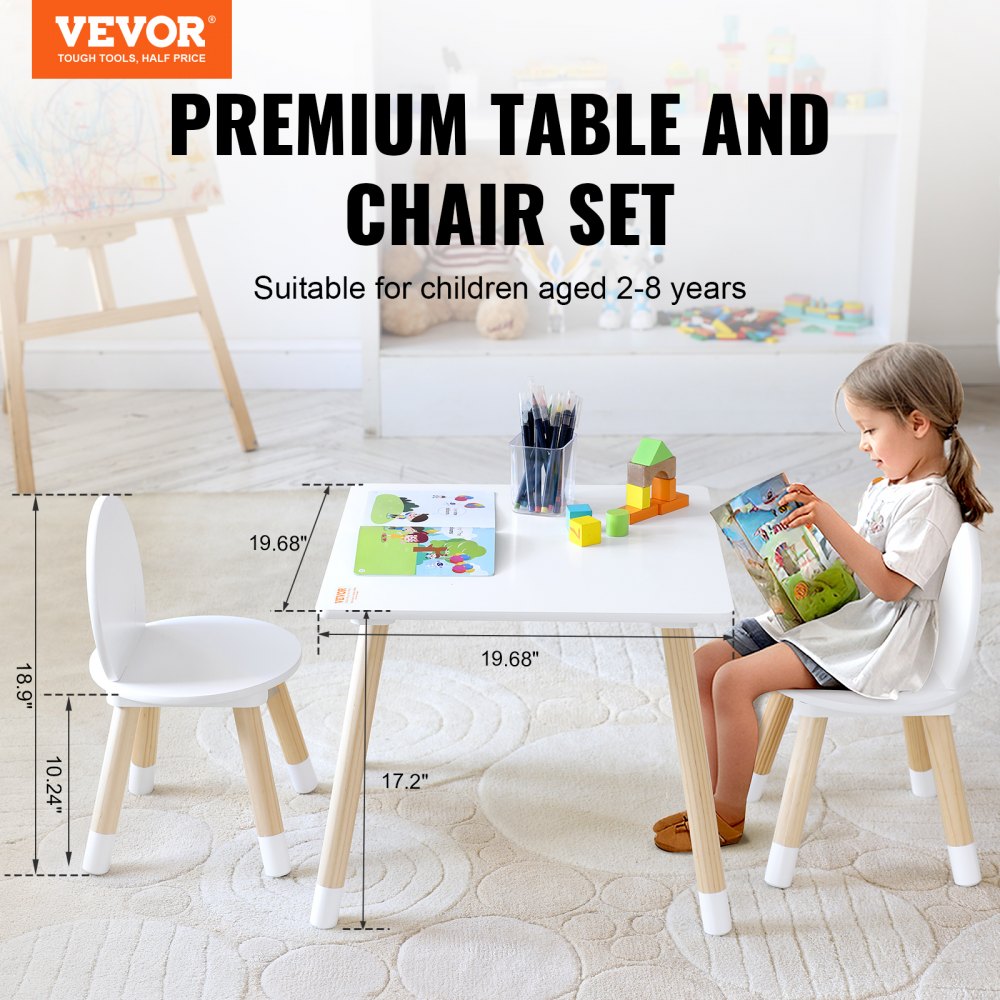 VEVOR Kinderzitgroep, kindertafel, 2 kinderstoelen, 1 tafel, kinderzitgroep van grenenhout, kindertafelset, stabiel kindermeubilair, zitmeubelen voor kinderen, meisjes, jongens, speelkamer, kindermeubelset, wit