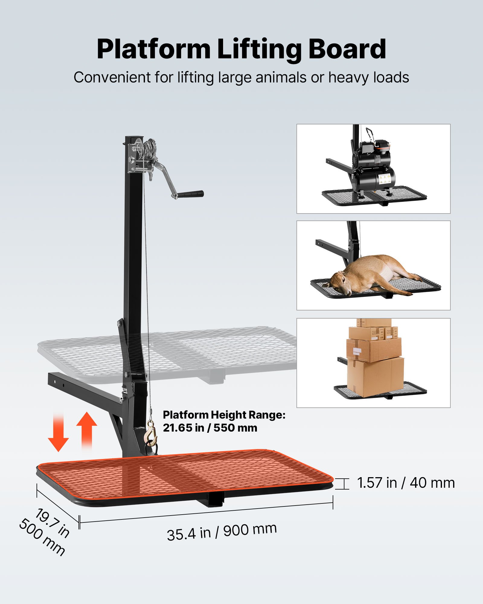 VEVOR Wildlift, hertenlift met trekhaak en hefsysteemplatform, capaciteit 136 kg, wildlift met lier met 5,08 cm ontvanger, 360 graden draaibare as en opvouwbaar, 1440 x 900 x 1310 mm