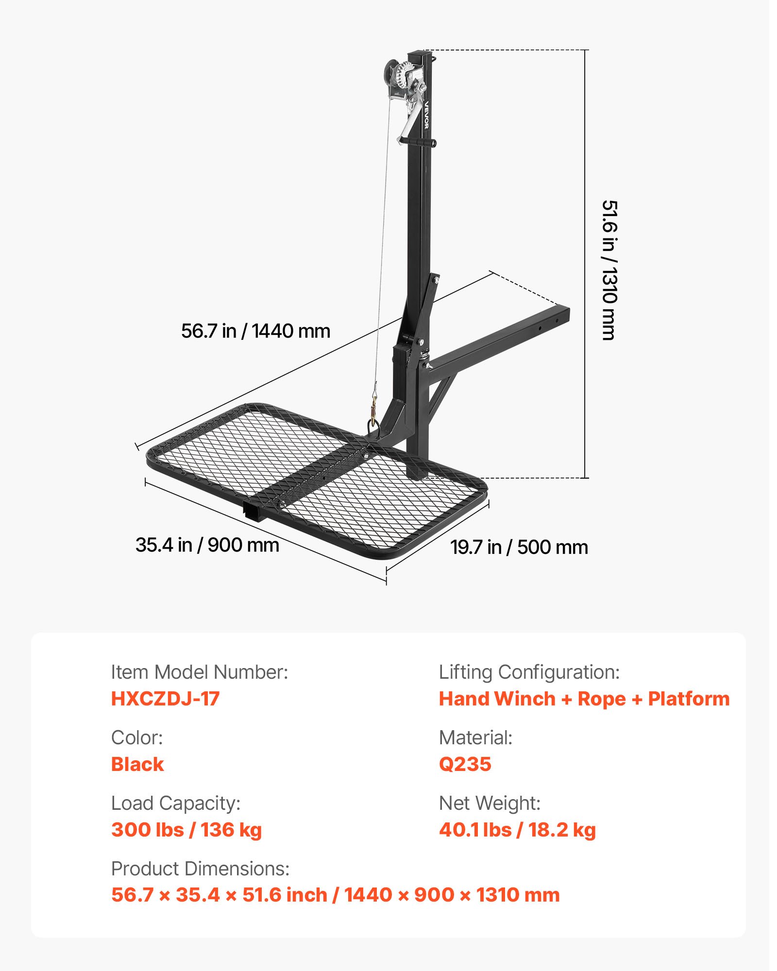 VEVOR Wildlift, hertenlift met trekhaak en hefsysteemplatform, capaciteit 136 kg, wildlift met lier met 5,08 cm ontvanger, 360 graden draaibare as en opvouwbaar, 1440 x 900 x 1310 mm