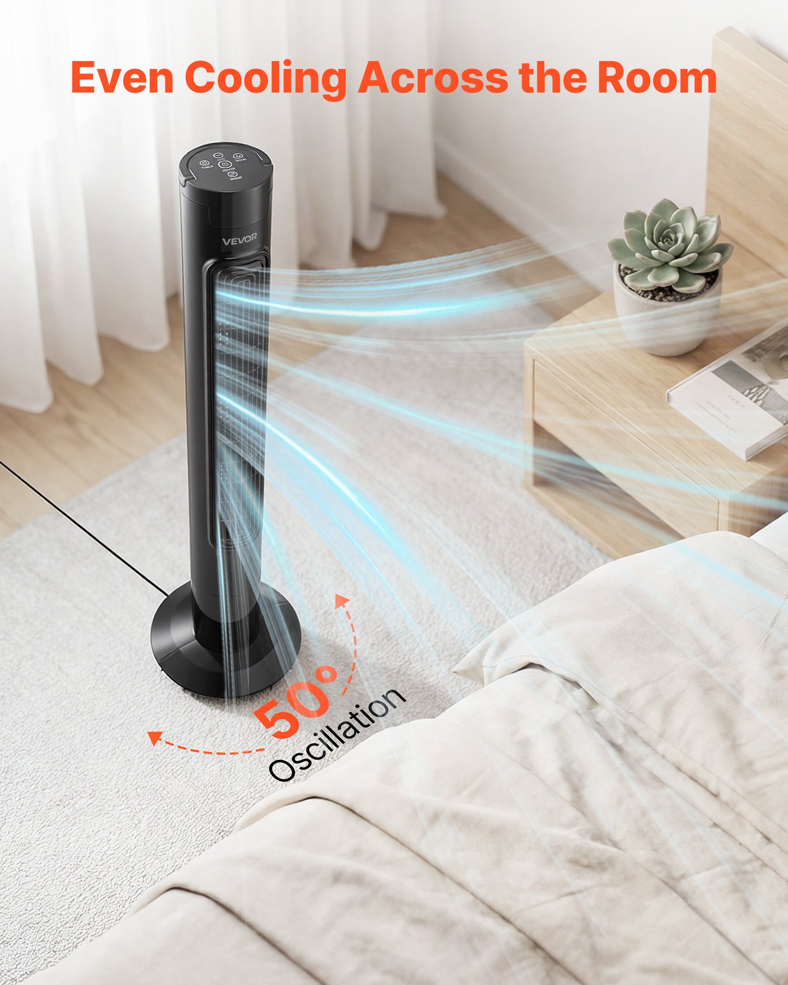 VEVOR 50W torenventilator, 985 mm kolomventilator met 3 snelheden, 3 standen, 7,5 uur timer, 50° zwenkfunctie met afstandsbediening, stille staande ventilator voor slaapkamer en kantoor, zwart