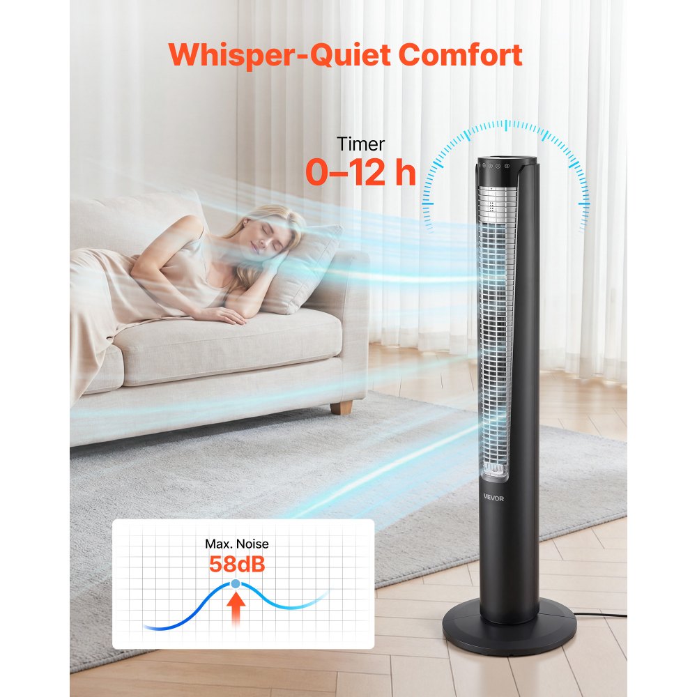 VEVOR 60W torenventilator, 107 cm kolomventilator met 3 snelheden, 4 standen, 12-uurs timer, 70° zwenkfunctie met afstandsbediening, stille staande ventilator voor slaapkamer en kantoor, zwart