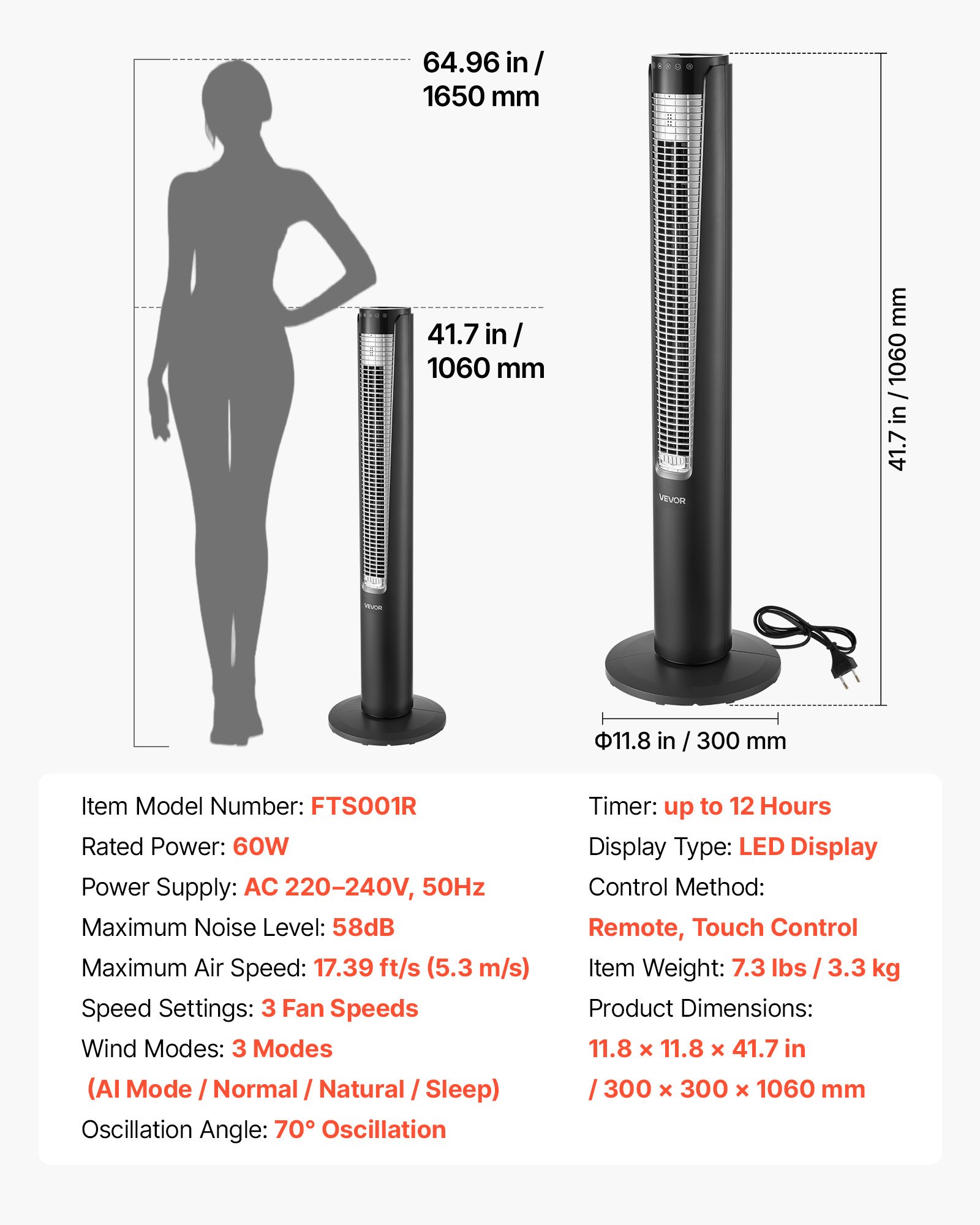 VEVOR 60W torenventilator, 107 cm kolomventilator met 3 snelheden, 4 standen, 12-uurs timer, 70° zwenkfunctie met afstandsbediening, stille staande ventilator voor slaapkamer en kantoor, zwart