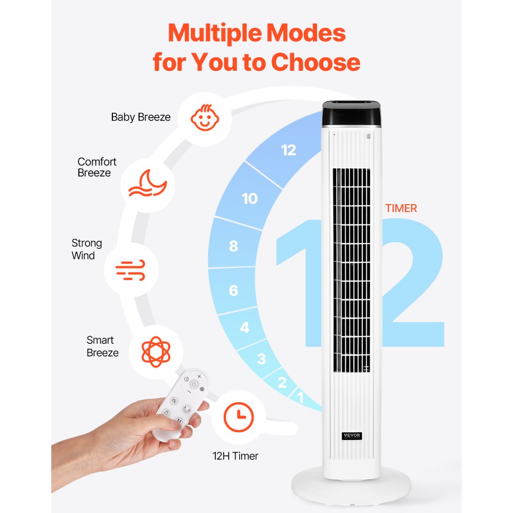VEVOR torenventilator, snelheid 6,7 m/s, verdampingsluchtkoeler, 70° oscillerende ventilatoren met 3 snelheden, 4 standen, 12-uurs timer, afstandsbediening, voor slaapkamer, kantoor en thuis