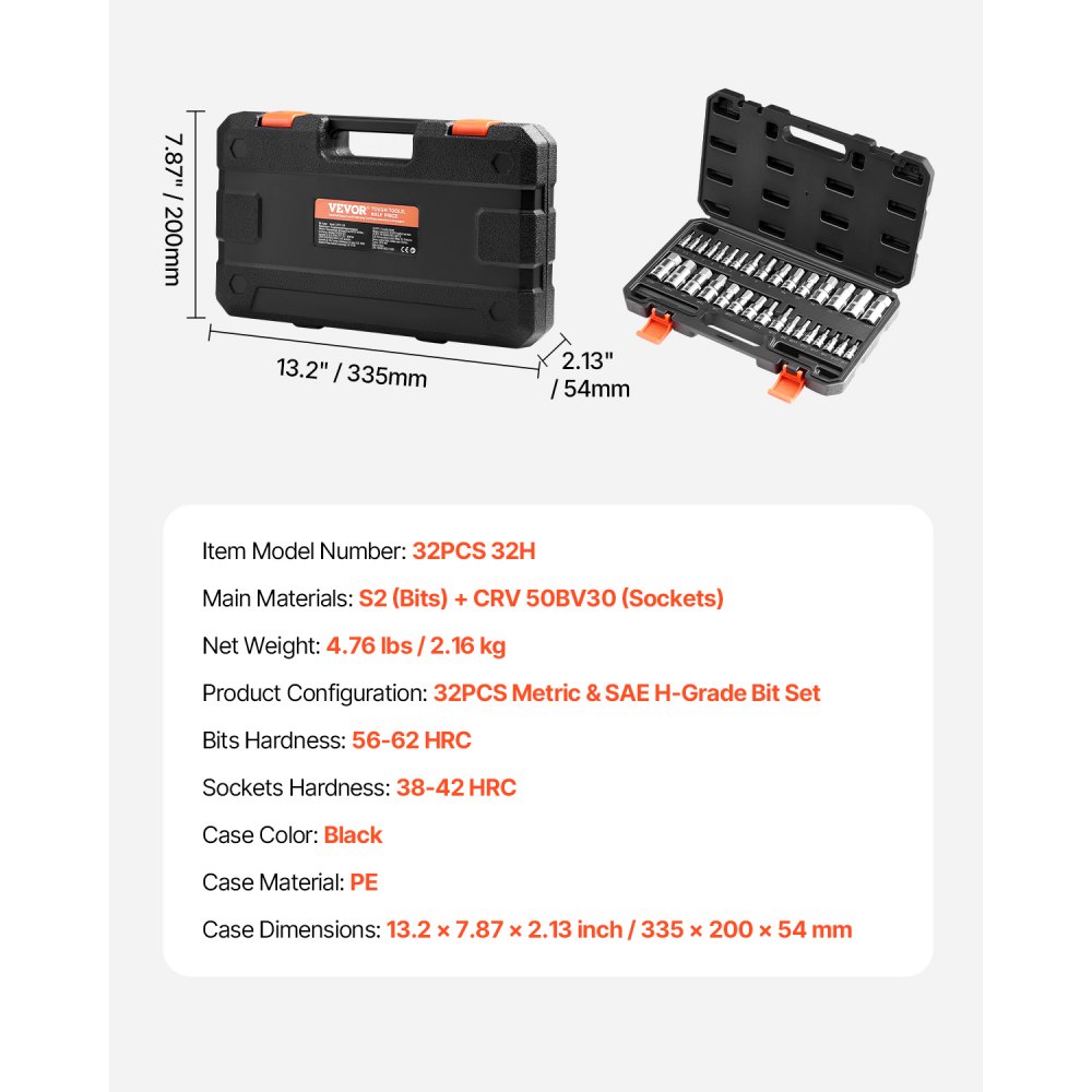 VEVOR Hex Bit Socket Set, 32-Piece, S2 Alloy Steel and Cr-V Steel, Standard SAE and Metric, 1/4 in, 3/8 in, and 1/2 in Drives, with Enhanced Storage Case, Allen Socket Set for Mechanics, Auto Repair