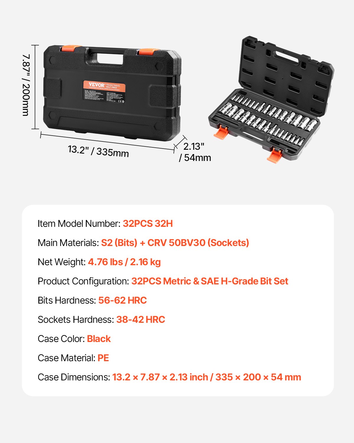 VEVOR Hex Bit Socket Set, 32-Piece, S2 Alloy Steel and Cr-V Steel, Standard SAE and Metric, 1/4 in, 3/8 in, and 1/2 in Drives, with Enhanced Storage Case, Allen Socket Set for Mechanics, Auto Repair