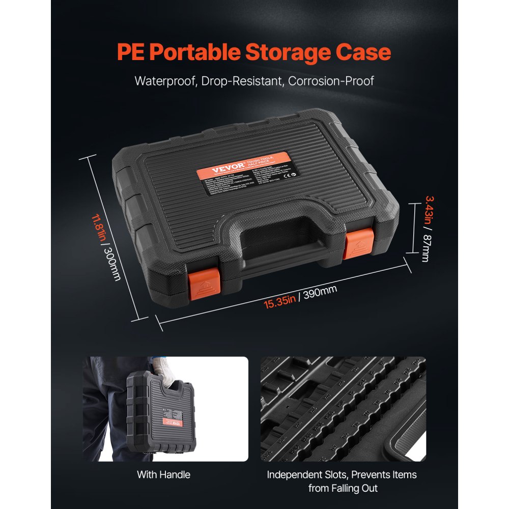 VEVOR 107-delige set boordoppen, zeskant/torx/externe torx/tamperbestendig/extra lang, S2-gelegeerd staal en Cr-V-staal, 1/4, 3/8 en 1/2 inch aansluiting, met opbergkoffer