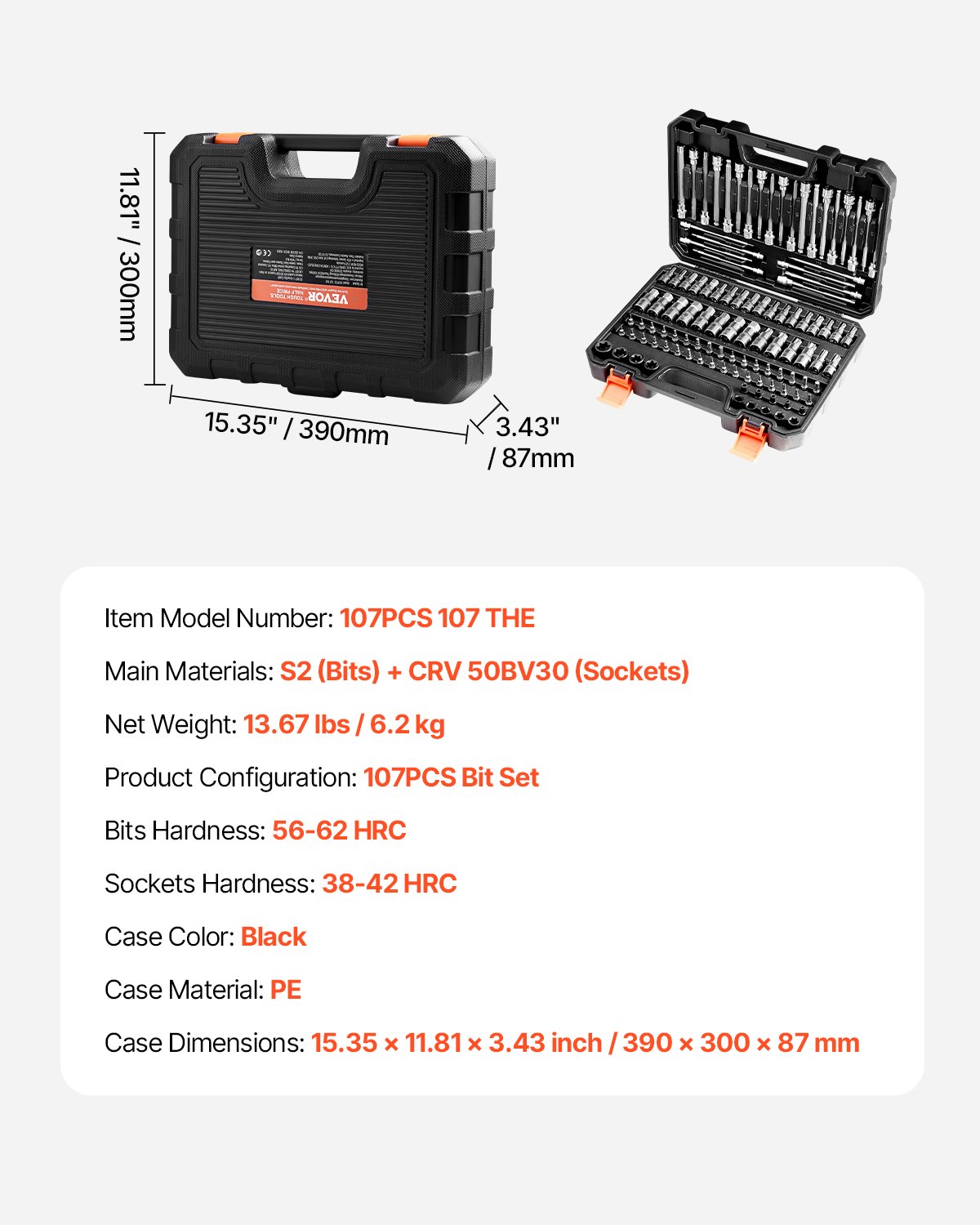 VEVOR 107-delige set boordoppen, zeskant/torx/externe torx/tamperbestendig/extra lang, S2-gelegeerd staal en Cr-V-staal, 1/4, 3/8 en 1/2 inch aansluiting, met opbergkoffer