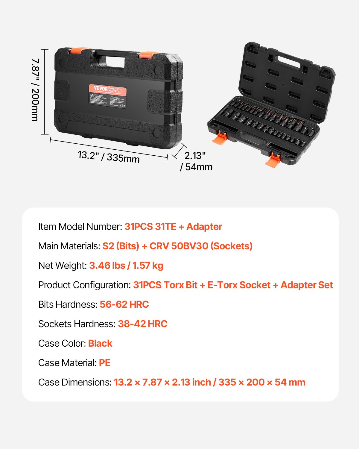 VEVOR Torx-boordoppenset, externe Torx-doppenset, 31-delig T8-T70 & E4-E24, S2-gelegeerd staal & Cr-V-staal, 1/4 & 3/8 inch & 1/2 inch-aansluitingen, met adapter en opbergkoffer