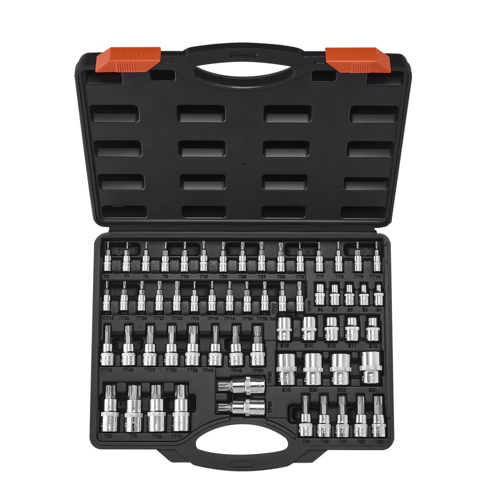 VEVOR Torx-boordoppenset 60-delig Externe Torx-doppenset T6-T70 TT6-TT70 TP8-TP60 E4-E24, S2-gelegeerd staal en Cr-V-staal, met 1/4 & 3/8 & 1/2 inch-aandrijvingen en opbergkoffer