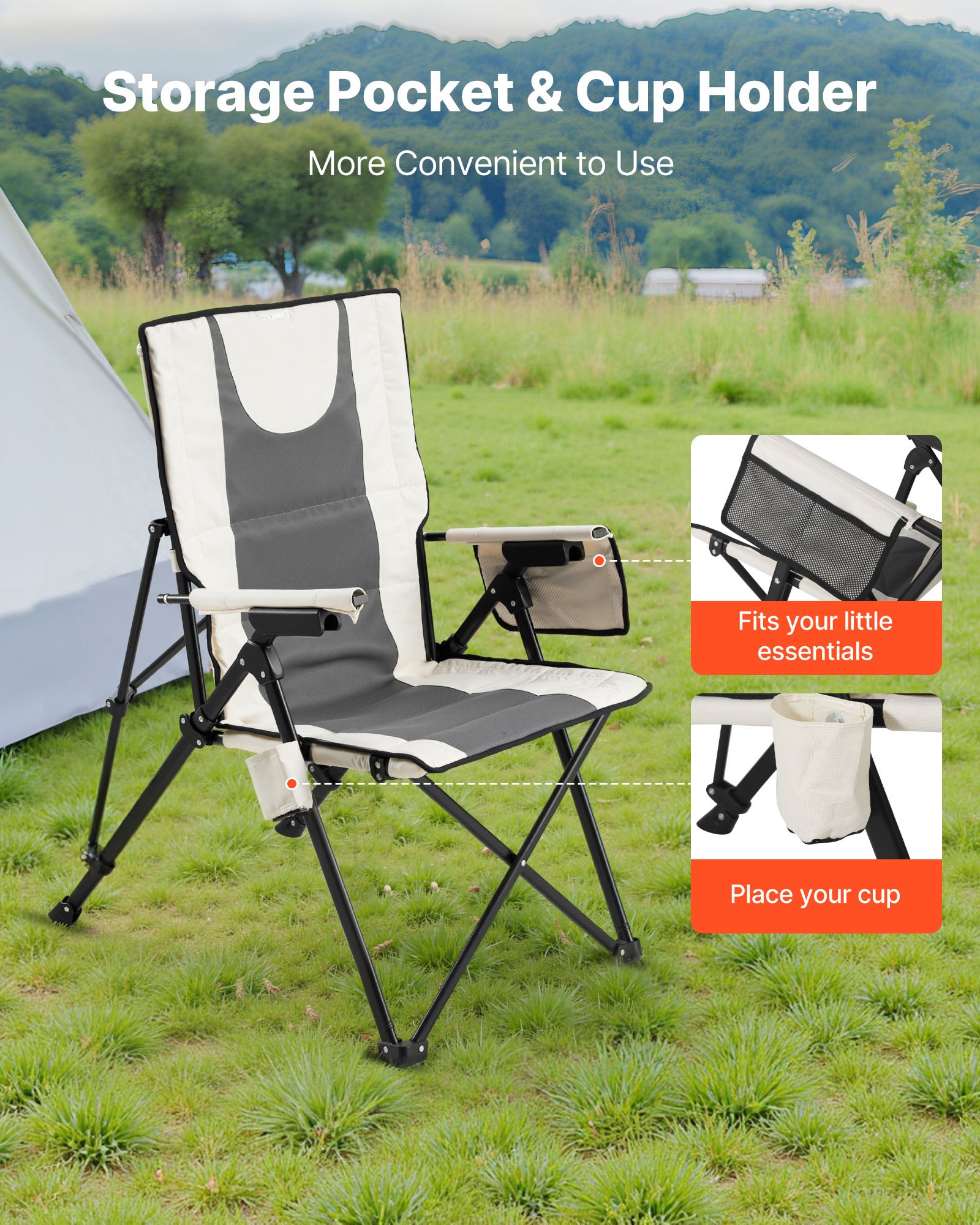 VEVOR Campingstoel 58x83x140cm, 3 ligposities, opvouwbare stoel met hoge rugleuning, draagvermogen 118 kg, volledig gevoerde strandstoelen met armleuningen en hoofdsteun, tuinstoelen voor sportieve reizen