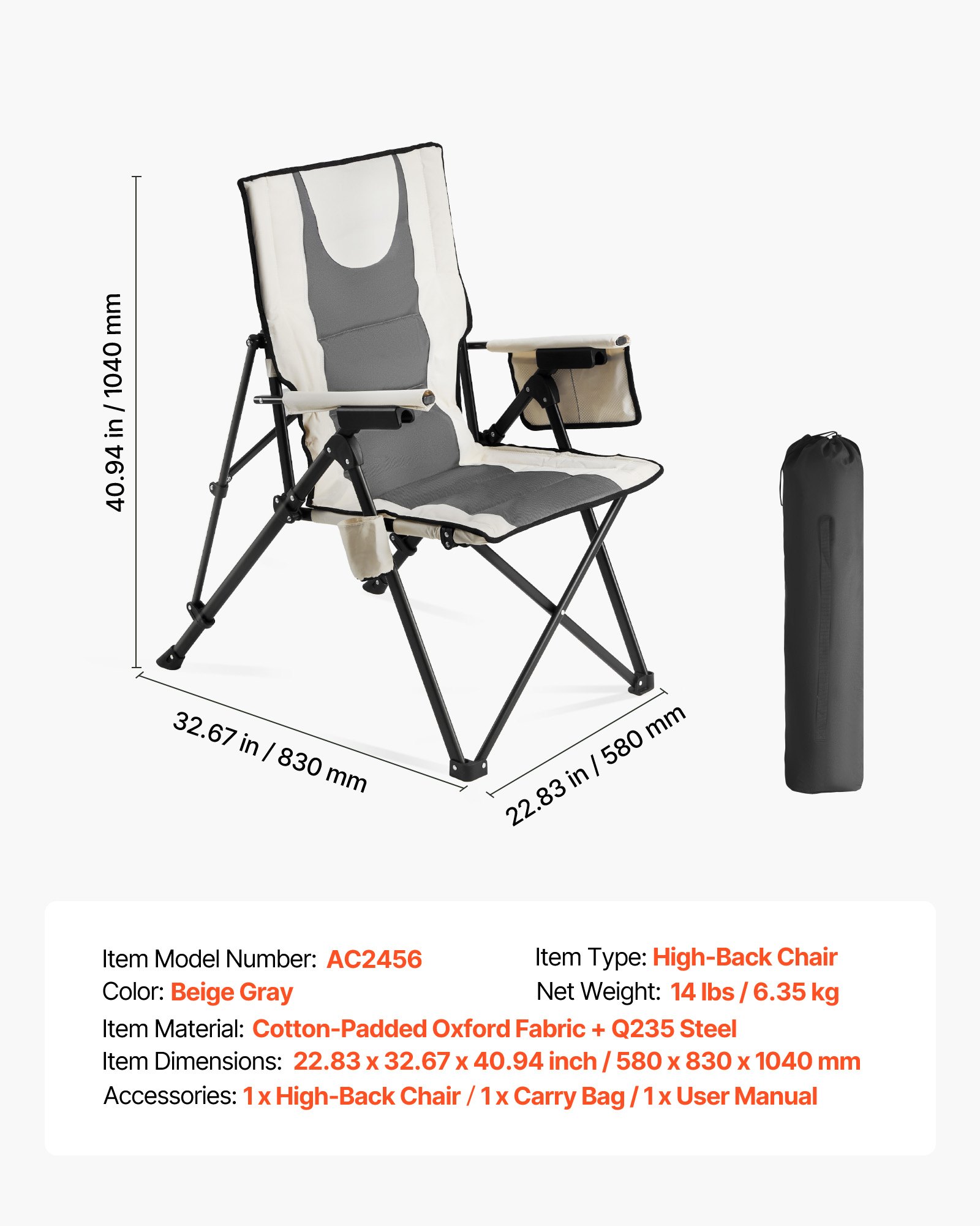 VEVOR Campingstoel 58x83x140cm, 3 ligposities, opvouwbare stoel met hoge rugleuning, draagvermogen 118 kg, volledig gevoerde strandstoelen met armleuningen en hoofdsteun, tuinstoelen voor sportieve reizen