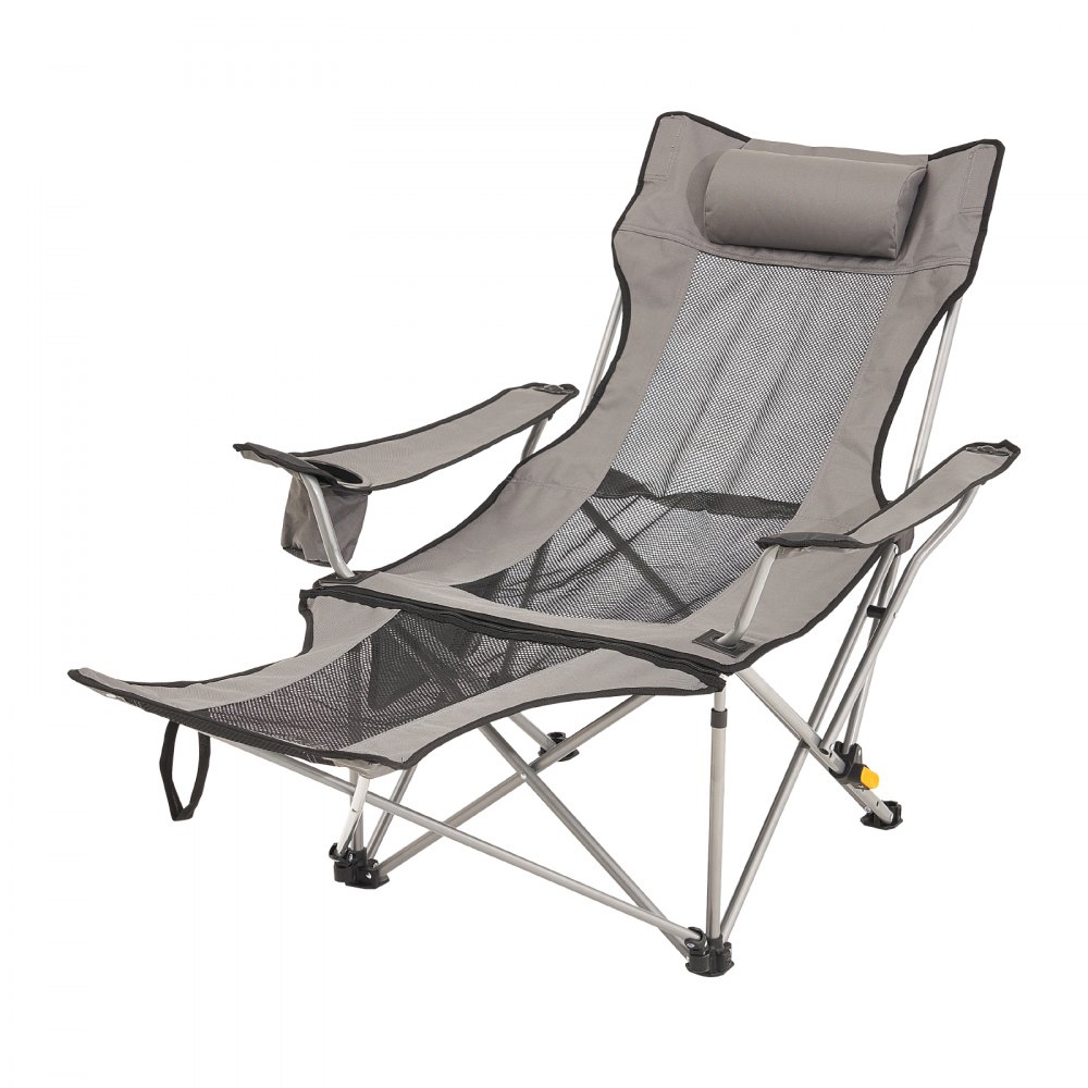 VEVOR Campingstoel, opvouwbare campingstoel met een maximale belasting van 150 kg, met voetensteun, bekerhouder, zijvak en hoofdsteun, voor kamperen, vissen en buitenactiviteiten, grijs