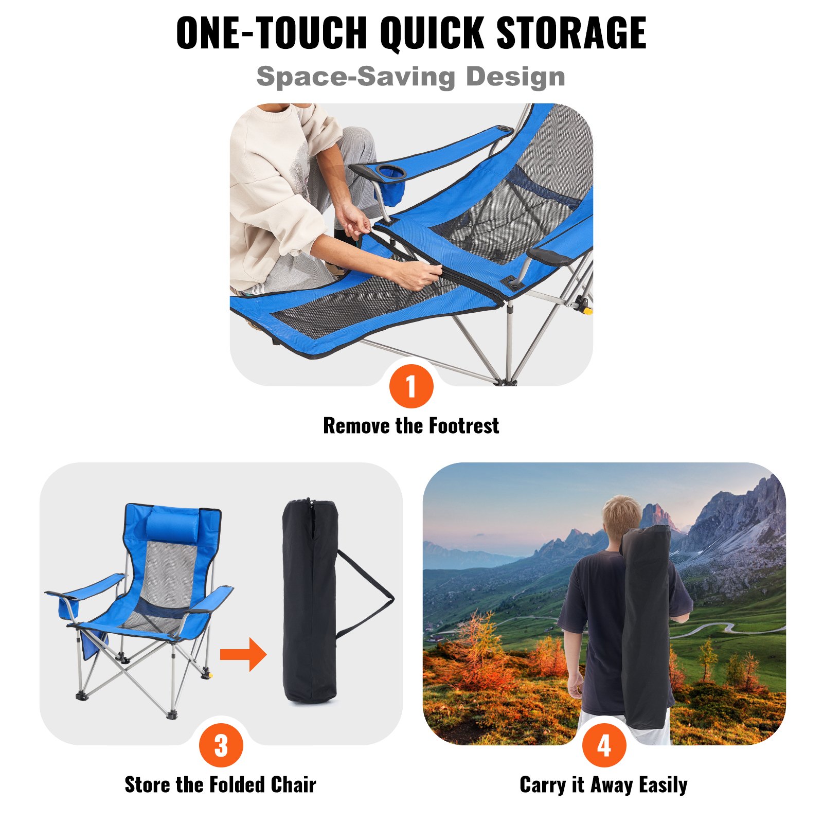 VEVOR Campingstoel, Campingligstoel 150 kg, Tuinstoel met 4 laadposities, met voetensteun, bekerhouder, zijvak en hoofdsteun, voor kamperen, vissen en buitenactiviteiten, Blauw
