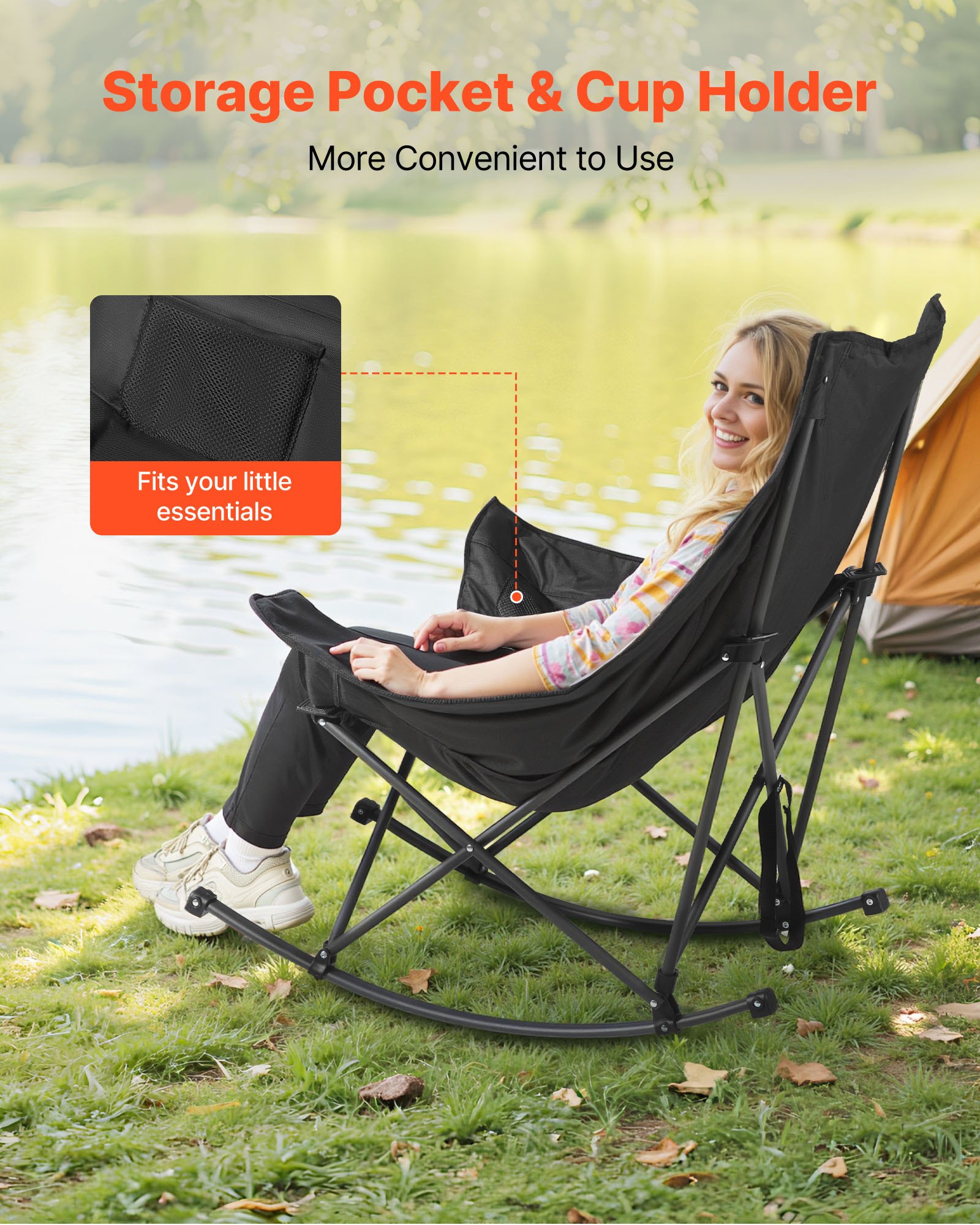 VEVOR Rocking Camping Chair, Portable Folding Rocker, Heavy-Duty Lawn Chair Recliner with Cupholder & Pocket, Supports 225lbs, Fully Padded Camp Chairs for Outdoor Patio Backyard Porch Garden