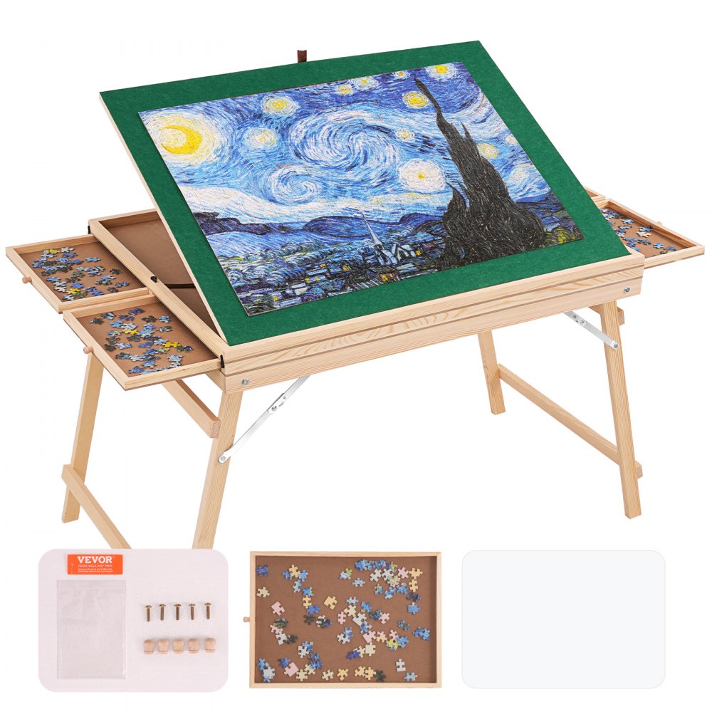 VEVOR puzzle table with assembled puzzle and storage drawers holding scattered puzzle pieces.