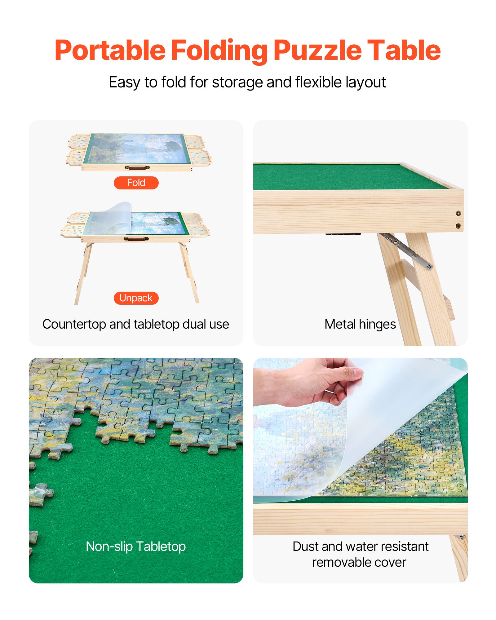 VEVOR 1500 Piece Puzzle Table with Folding Legs, 4 Drawers and Cover, 86x63cm Portable Wooden Board, Felt Surface Jigsaw Puzzle Accessories for Adults, Adjustable 6-Tilting-Angle, Gift for Mom