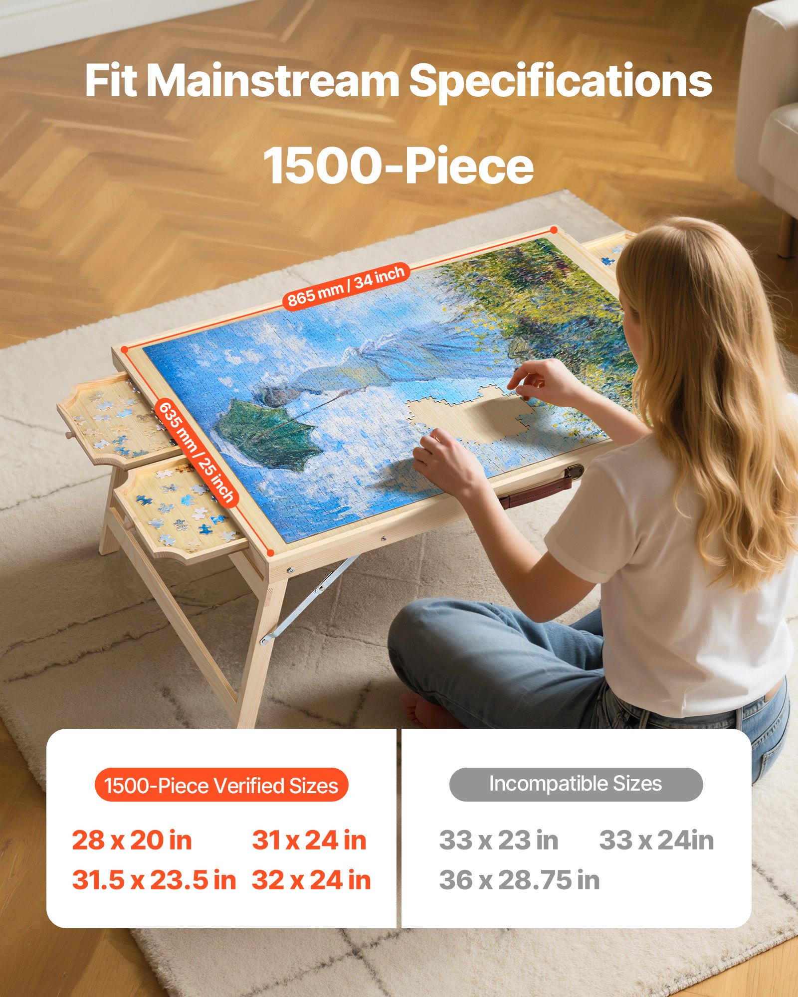 VEVOR 1500 stukjes puzzelbord met 4 lades, deksel en opvouwbare poten, draagbare puzzeltafel (865 x 635 mm), puzzelaccessoires voor volwassenen, puzzelopbergsysteem Puzzelborden