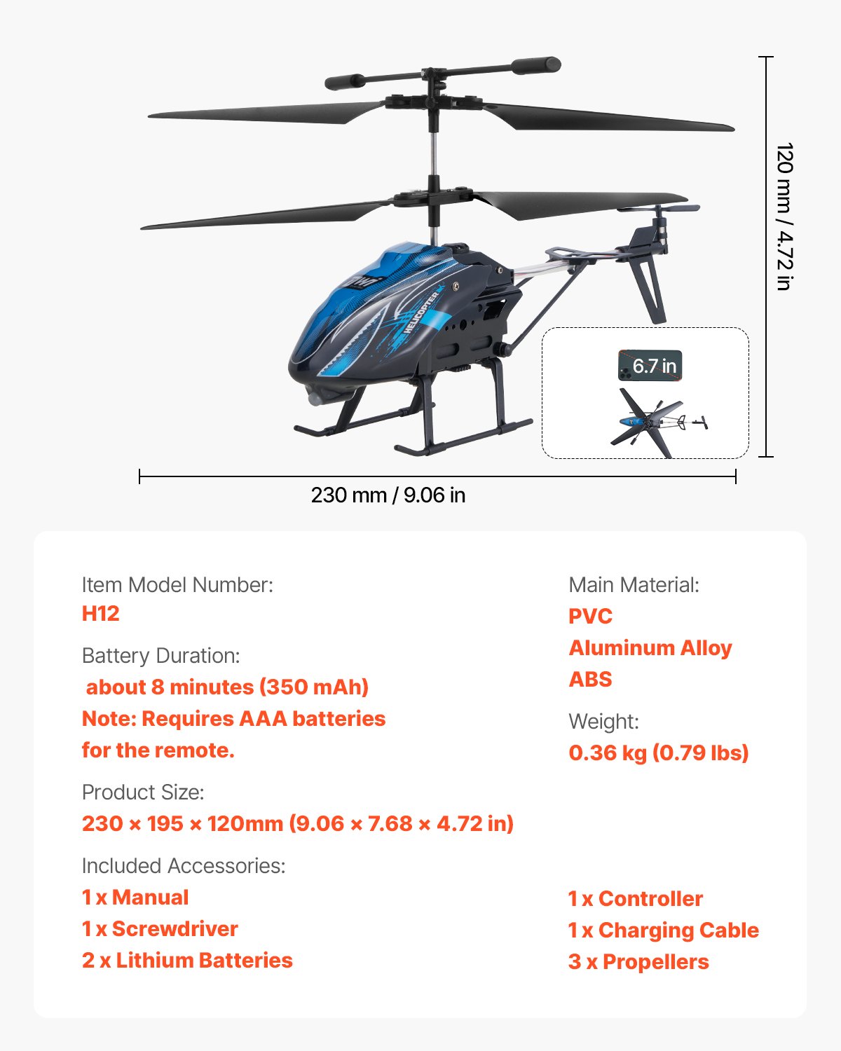 VEVOR RC-helikopter, 2,4 GHz afstandsbedieningshelikopter, 3,5-kanaals RC-vliegtuig, 16 minuten vliegtijd, hoogtebehoud, opstijgen/landen met één knop en led-verlichting, speelgoed voor kinderen vanaf 8 jaar
