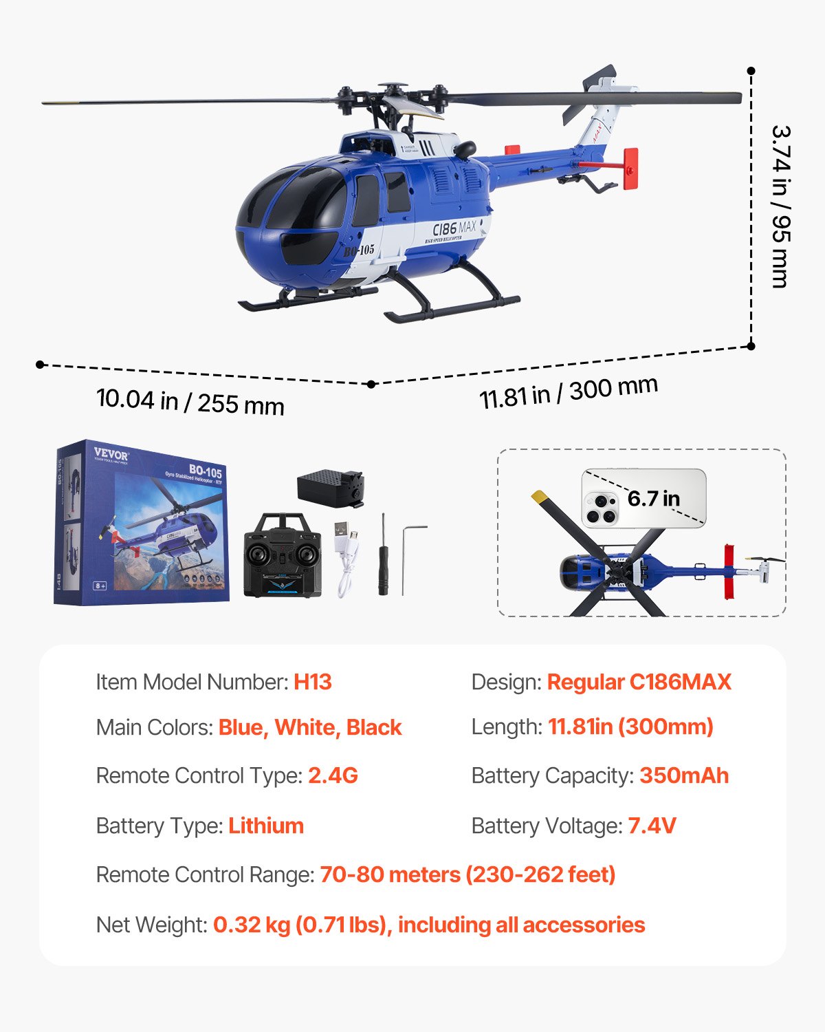 VEVOR RC-helikopter, 2,4 GHz afstandsbedieningshelikopter met enkele propeller en 6-assige gyroscoop, 4-kanaals RC-vliegtuig voor beginners, LED-licht en opstijgen/landen met één knop, voor kinderen vanaf 8 jaar