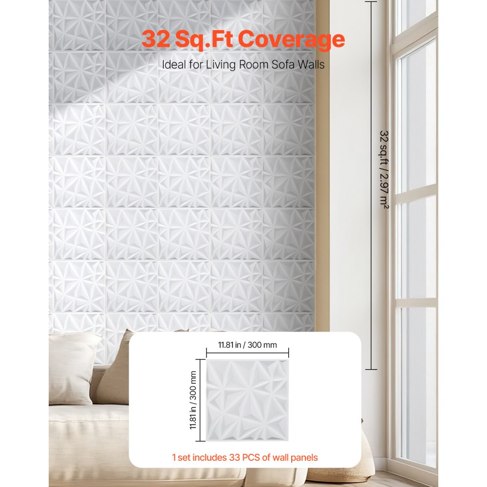 VEVOR 3D Wandpanelen Set van 33, 30x30 cm PVC Modern Minimalistisch Wandbekleding, 2,97 m² Dekking, Wanddecoratie, Interieurontwerp voor Plafond, Slaapkamer, Woonkamer en Speelkamer, Mat Wit