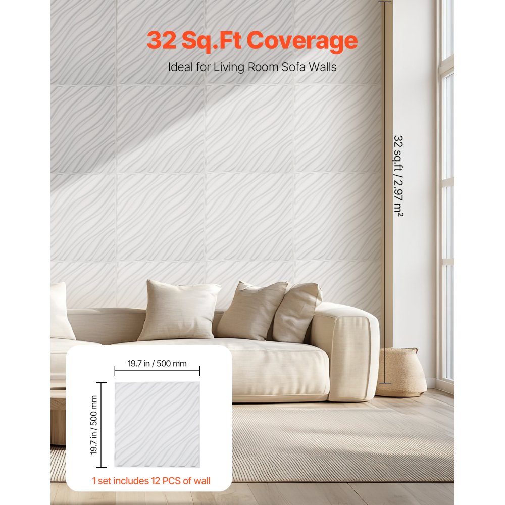 VEVOR 3D wandpanelen, set van 12, 50x50 cm PVC - Moderne minimalistische wandbekleding, 2,97 m² dekking, interieurdesign voor slaapkamers, woonkamers en speelkamers, mat wit