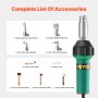 VEVOR Heteluchtlasapparaat voor kunststof, 1600W heteluchtpistool, 50-600°C PVC TPO vinyl lasbrander, heteluchtlasapparaatset met 9 accessoires - 4 mondstukken en 4 naadrollen voor PP/PE/PVC platen