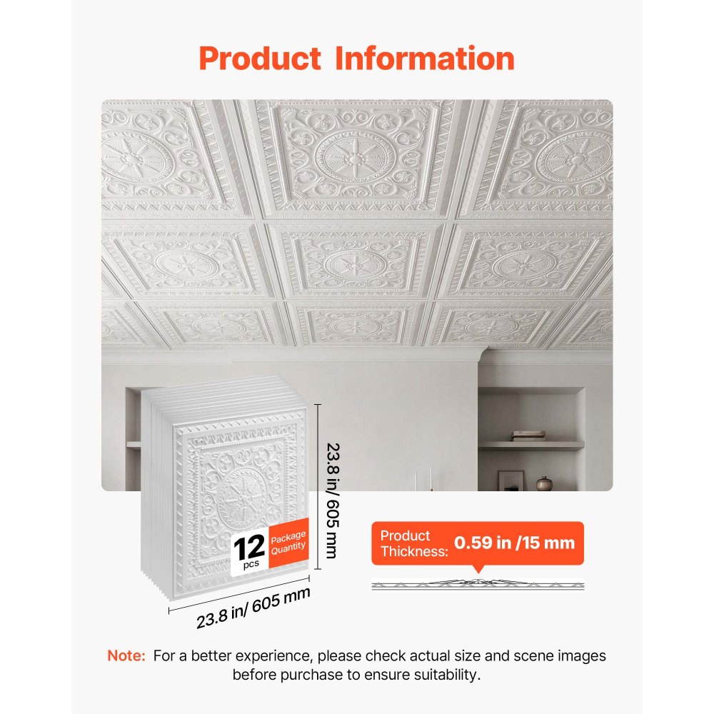 VEVOR 12 stuks PVC plafondpanelen 605x605mm wit, 3D geometrisch design, slagvast, brandwerend, waterdicht, voor systeemplafonds, elegante interieurdecoratie voor woon- en kantoorruimte