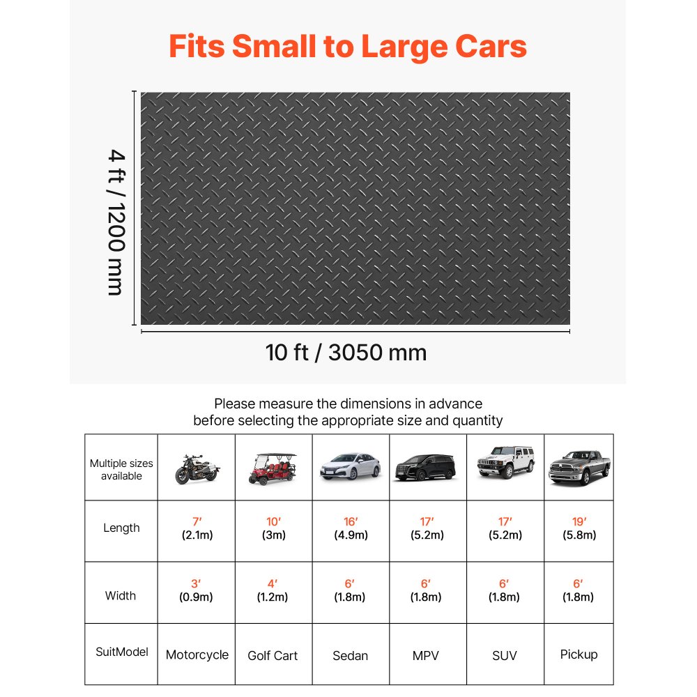 VEVOR Garage Floor Roll, 1.2 x 3.05 m Garage Flooring Mat, 2.2 mm Thickened PVC Diamond Plate Floor Protector Mat with Double-sided Tape, Non-Slip, Easy to Clean for Warehouse, Gyms, Trailer, Black