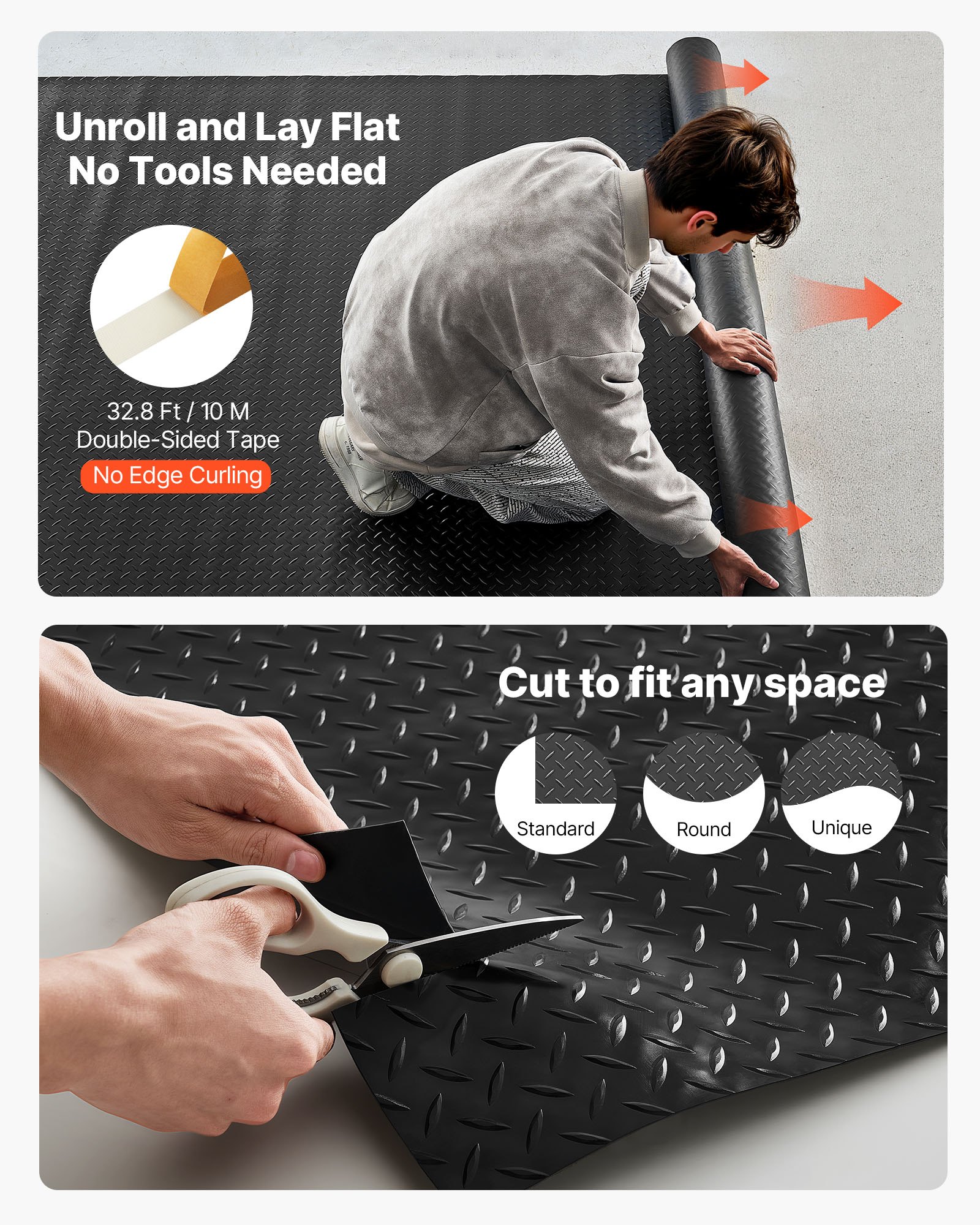 VEVOR Garage Floor Roll, 1.2 x 3.05 m Garage Flooring Mat, 2.2 mm Thickened PVC Diamond Plate Floor Protector Mat with Double-sided Tape, Non-Slip, Easy to Clean for Warehouse, Gyms, Trailer, Black