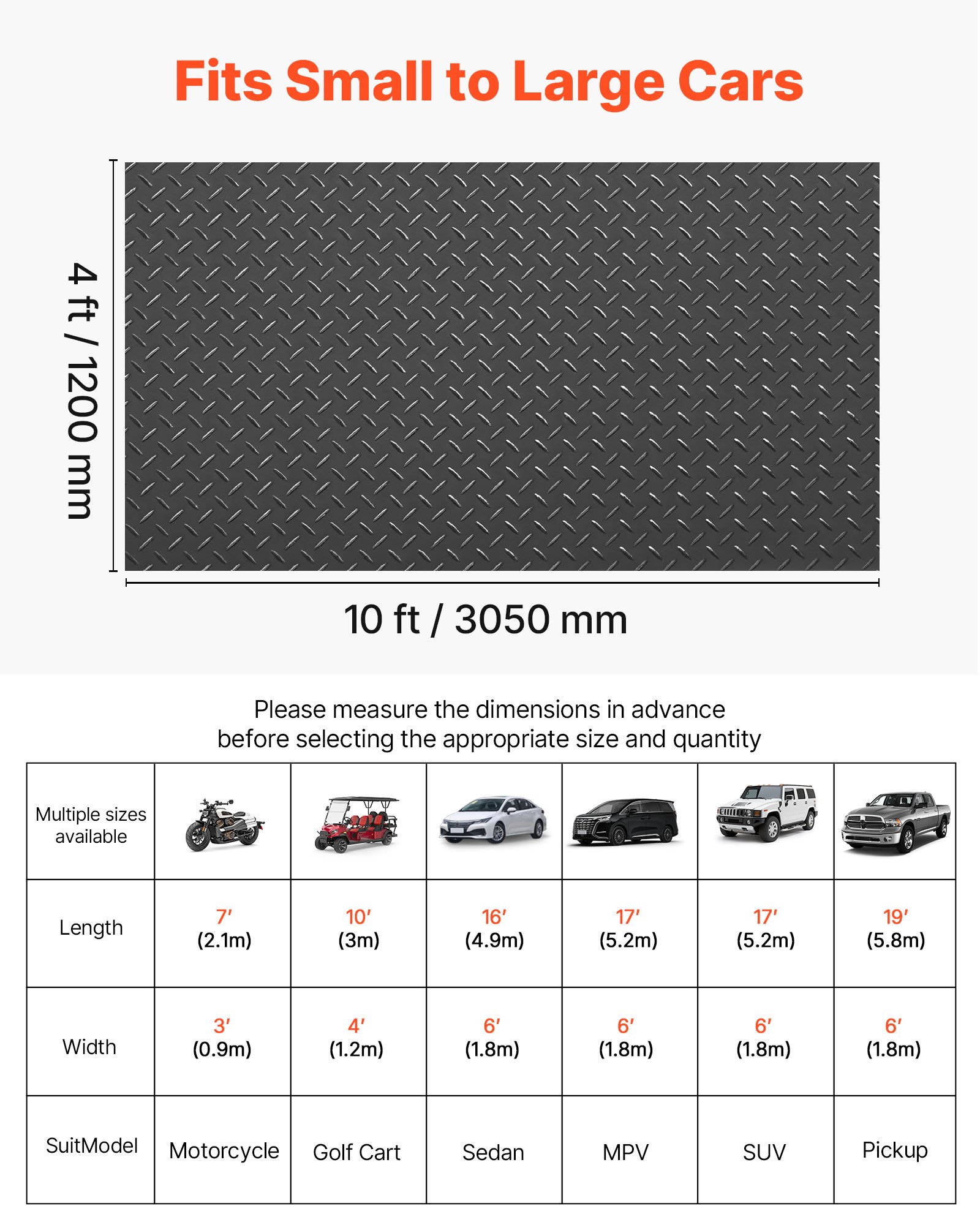 VEVOR Garagevloermat, 1200x3050 mm antislipmat, 2,2 mm dikke PVC-noppenmat, vloerbeschermingsmat met dubbelzijdige tape, gemakkelijk schoon te maken, voor magazijnen, sportscholen, trailers, zwart