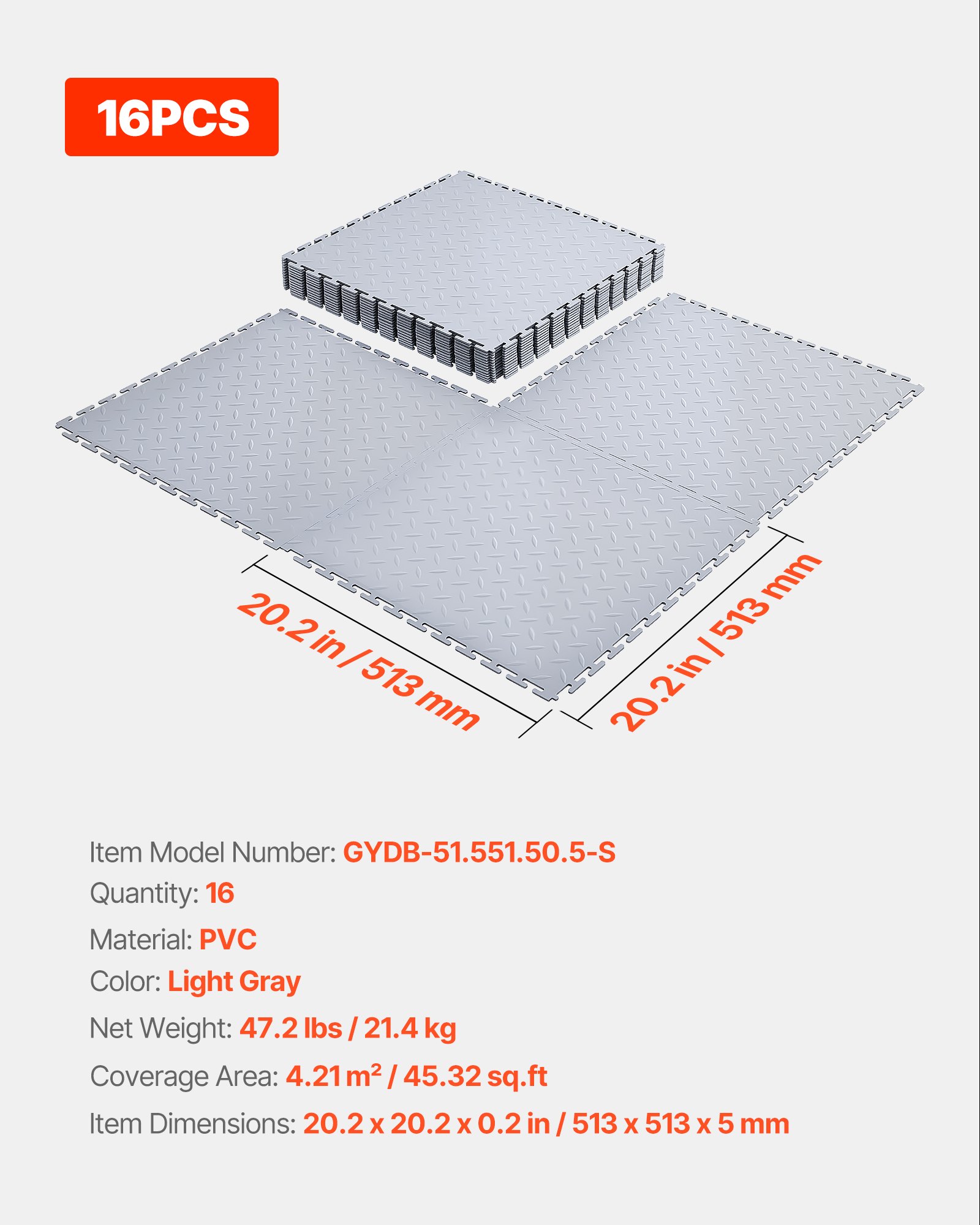 VEVOR PVC Garagevloeren, 16-pack 513x513x5 mm, Werkplaatsvloeren, Industriële vloeren, Klikinstallatie, Antislip PVC-matten met traanplaat voor werkplaats, magazijn, gereedschapsruimte, Lichtgrijs