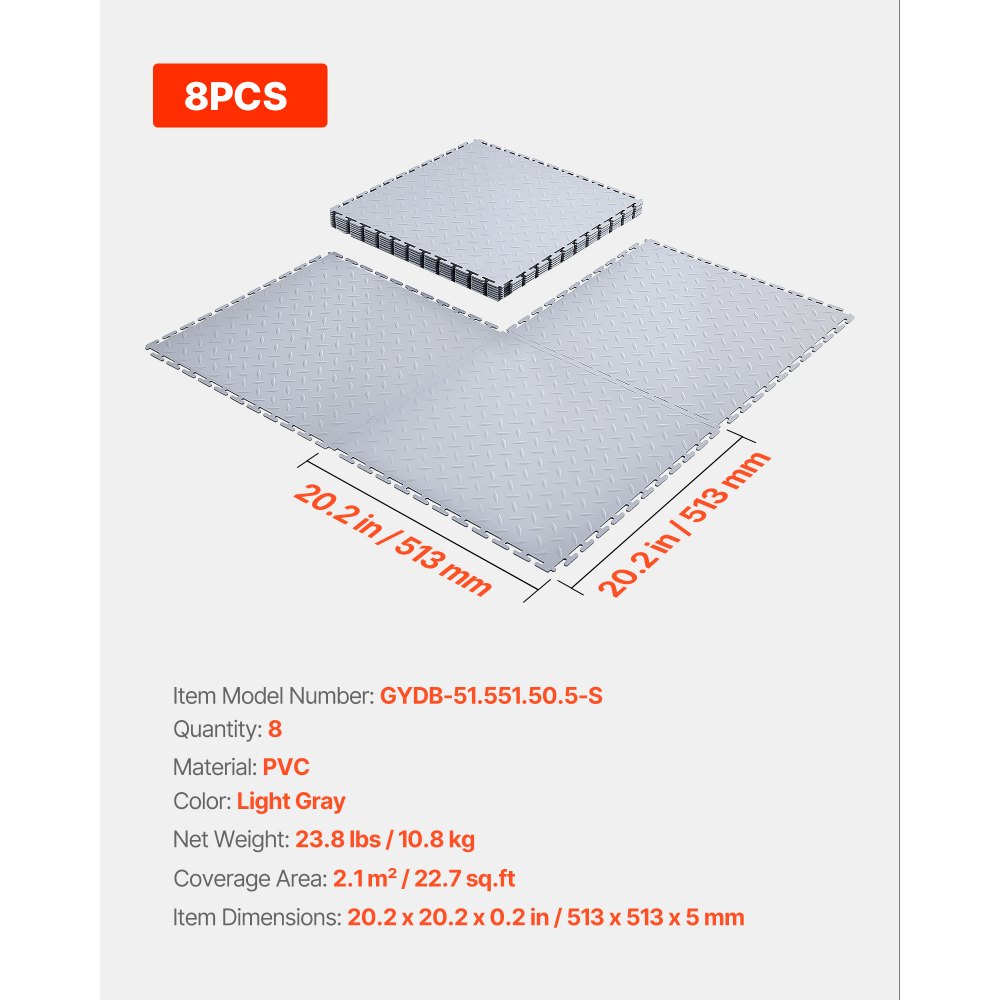 VEVOR PVC Garagevloeren, 8-pack 513x513x5 mm, Werkplaatsvloeren, Industriële vloeren, Klikinstallatie, Antislip PVC-matten met traanplaat voor werkplaats, magazijn, gereedschapsruimte, Lichtgrijs