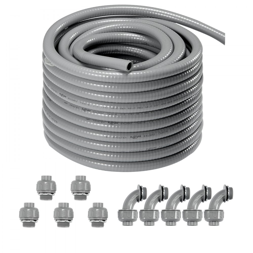 gray roll of VEVOR flexible electrical conduit with connectors and elbow fittings arranged below.