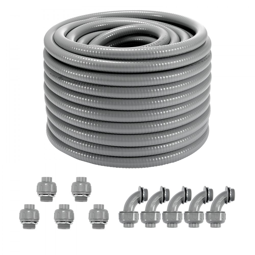 VEVOR flexible electrical conduit with straight and angled connectors in a coiled grey tube set.